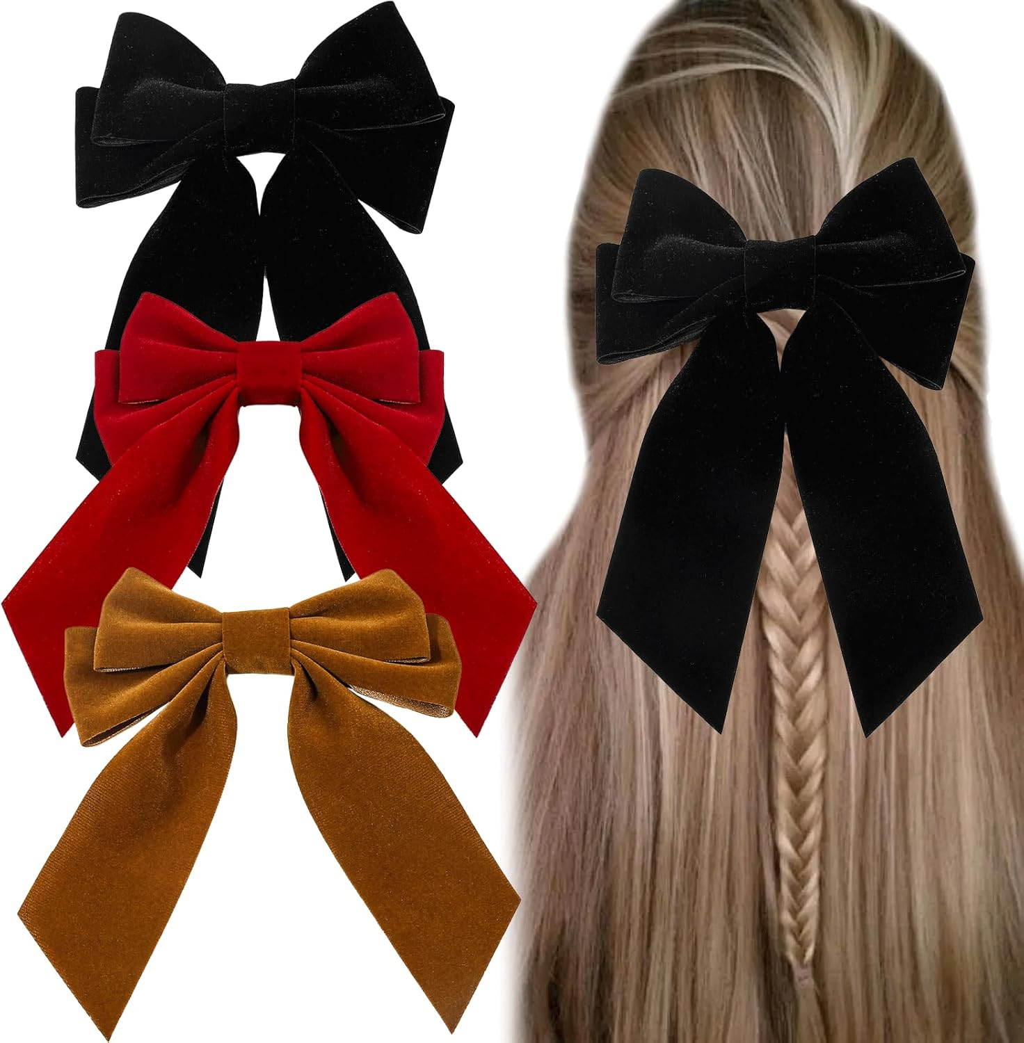 AYNKH 3 Pieces Solid Color Double Velvet Hair Clips with Long Floating Ribbon French Long Bow Vintage Hair Accessories for Girls and Women, Suitable for Autumn and Winter image number 6