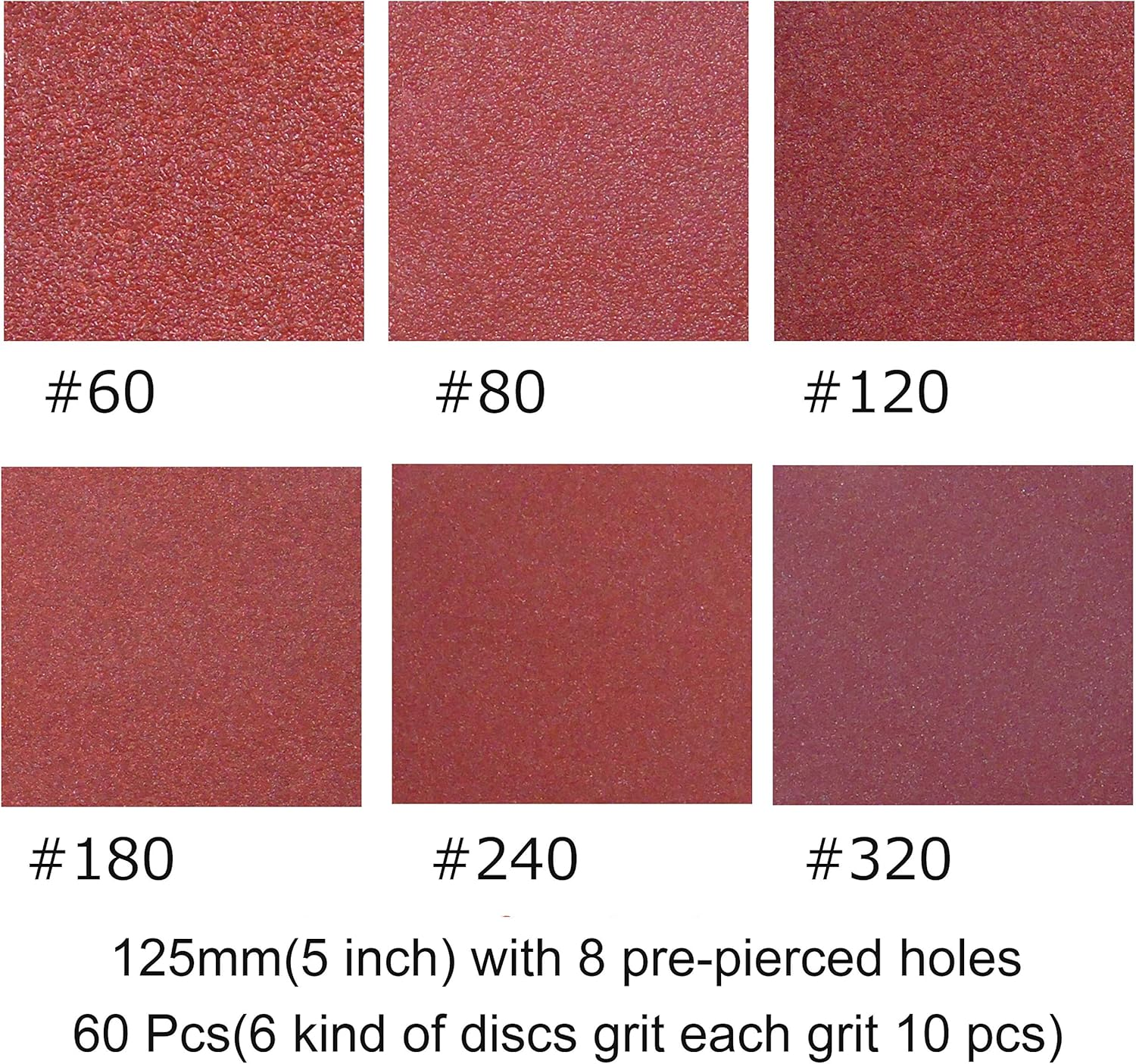 5 Inch 8 Holes Sanding Discs 60 80 120 180 240 320 Sandpaper for Random Orbital Sanders (60 Pcs 6 Kind #60-#320) image number 4