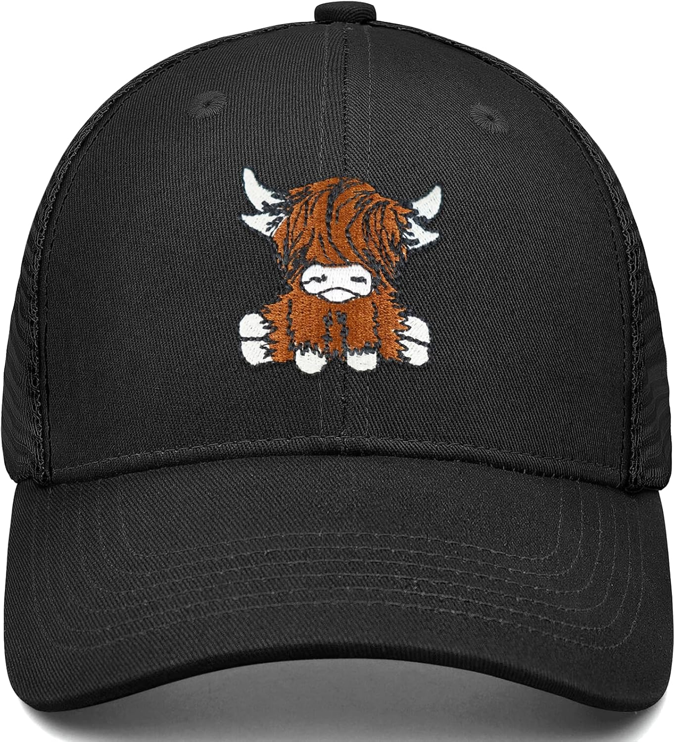 Gswirmchsq Scottish Highland Cow Hat, Cute Embroidery Mesh Baseball Cap Trucker Hats Highland Cow Gifts for Women Men