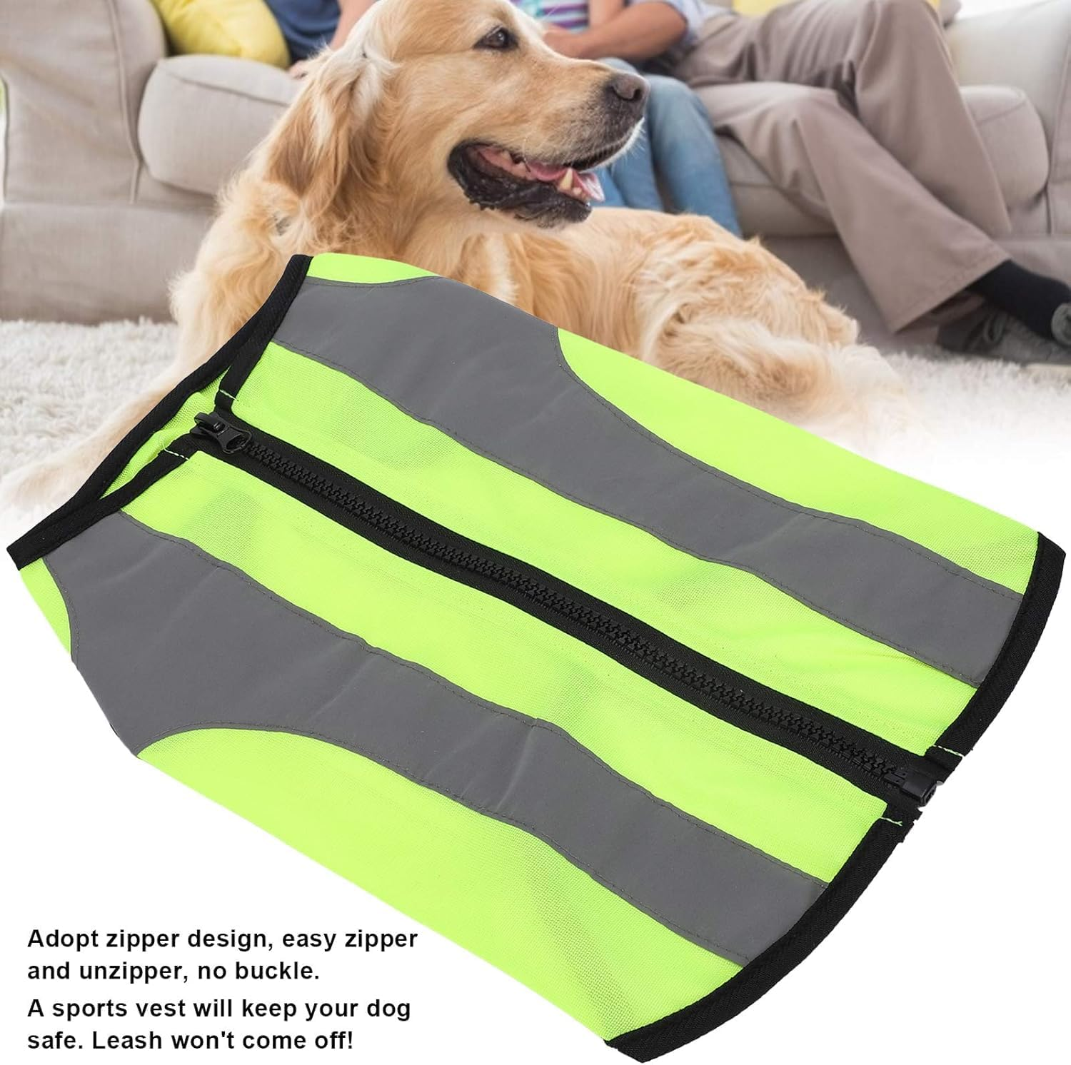 Dog Reflective Vest 1Pcs Pet Night Safety Clothing Glowing Jacket, Reflective Glowing Dog Vest Adjustable Soft Padded Vest Zipper Suit for Small, Medium, Large Dogs (Yellow, L) image number 5