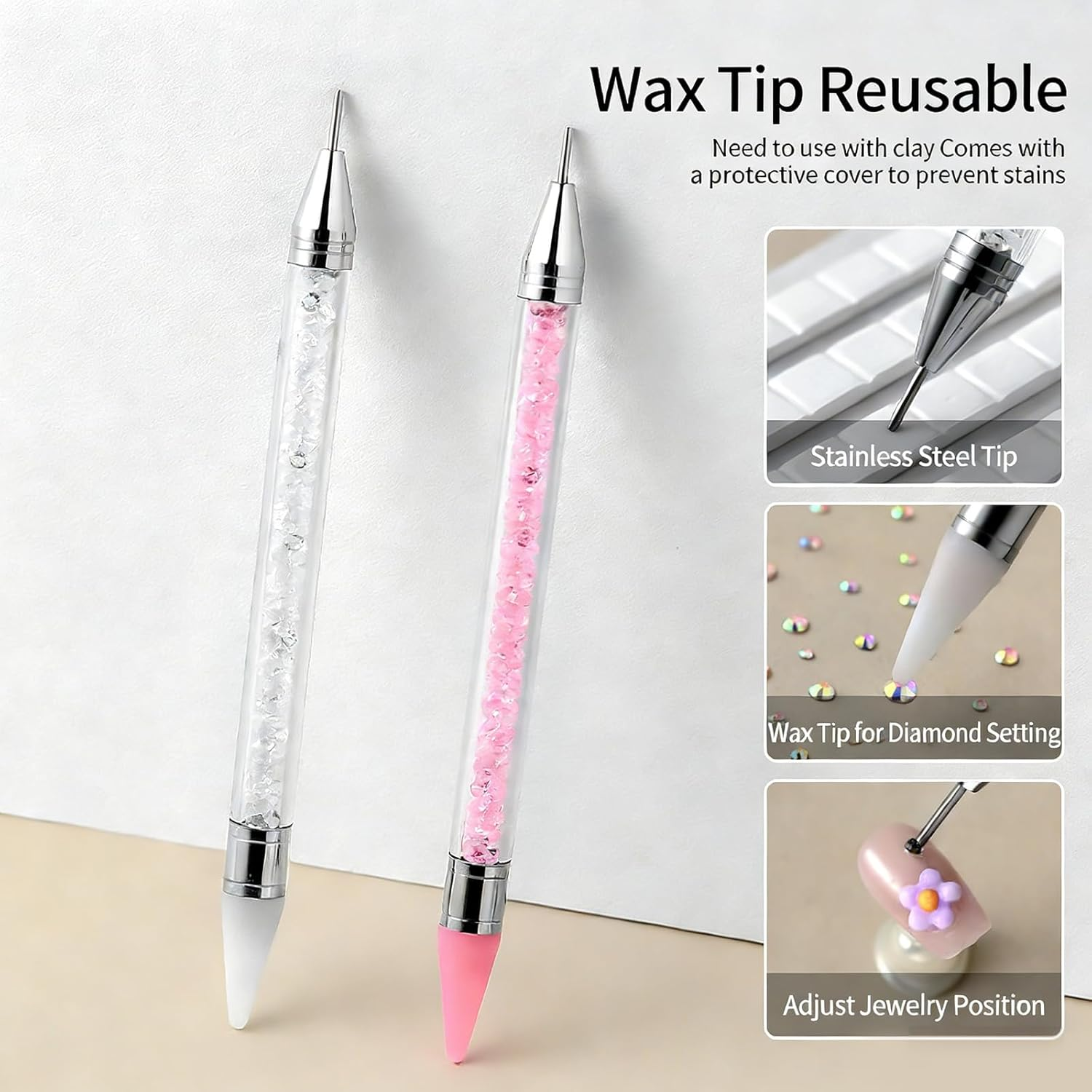 JANGJANG 2 Pcs Rhinestone Picker Tool Set, Acrylic Handle Bedazzler Kit, Dual-Ended Nail Art Tools with 4 Wax Tips and 1 Tweezer, DIY Nail Accessories for Rhinestones Application and Design image number 5