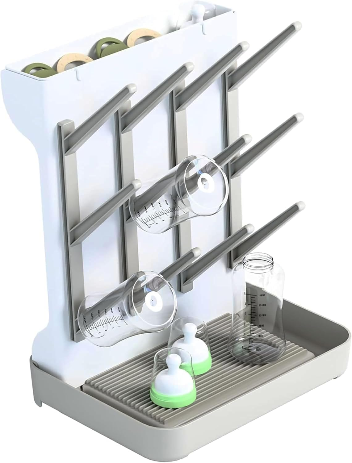 Baby Bottle Drying Rack Space Saving, Large Vertical Baby Bottle Storage Organizer & Bottle Dryer Rack for 12 Pc 8 Oz Bottles and Baby Accessories,Pump Parts,Pacifiers or Brush Stand - Bpa-Free - Gray