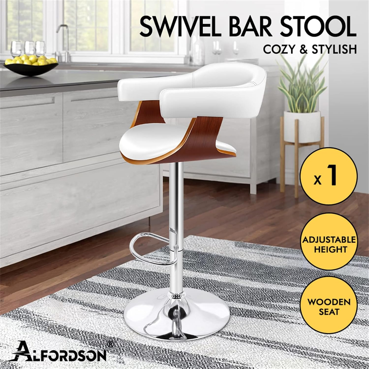 ALFORDSON Bar Stool Adjustable Kitchen Barstool Joan Swivel Counter Dining Chair in 61-82Cm Seat Height with Anti-Slip Floor Protector Barstool Furniture for Home Bar Countertop (White) image number 3