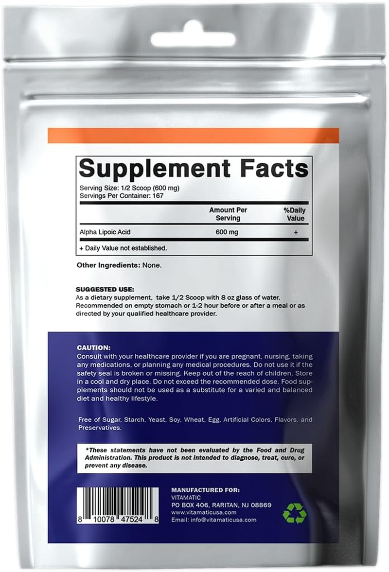 Vitamatic Pure Alpha Lipoic Acid (ALA) 600Mg per Serving - 167 Servings - Non-Gmo & Gluten Free image number 3