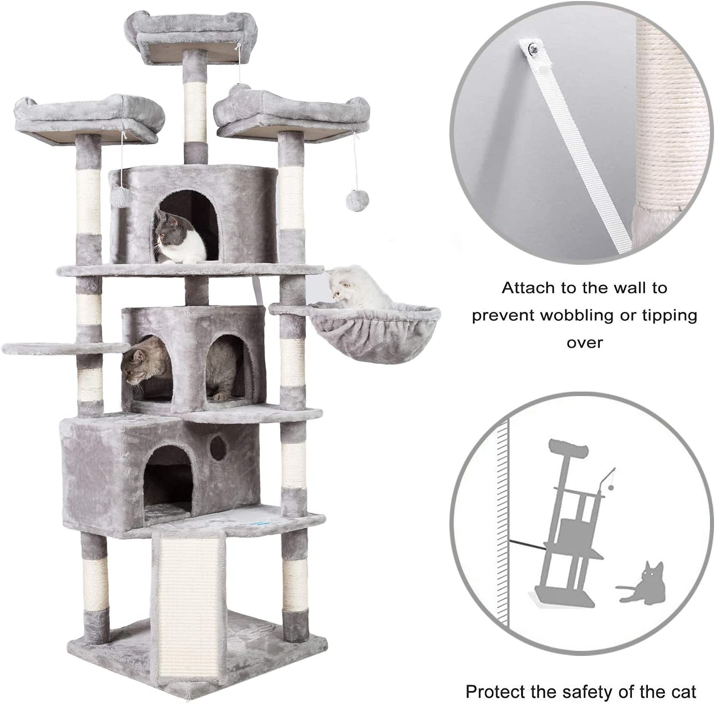 Hey-Brother XL Cat Tree, 186 Cm Cat Tower with 3 Caves, 3 Cozy Perches, Scratching Posts, Board, Activity Center Stable for Kitten/Big Cat, Light Gray MPJ032W image number 5