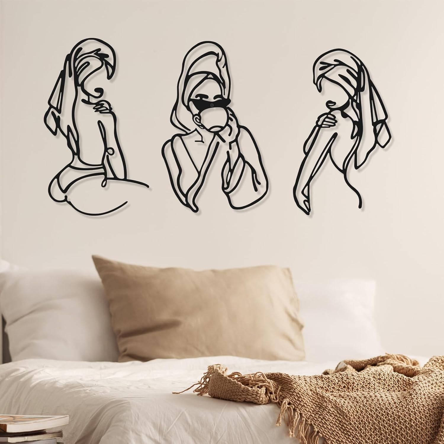 Photect 3 Pieces Metal Wall Art Decor Minimalist Abstract Woman Modern Line Drawing Female Single Home Hanging for Bedroom Kitchen Bathroom Living Room (Black, Romantic) image number 3