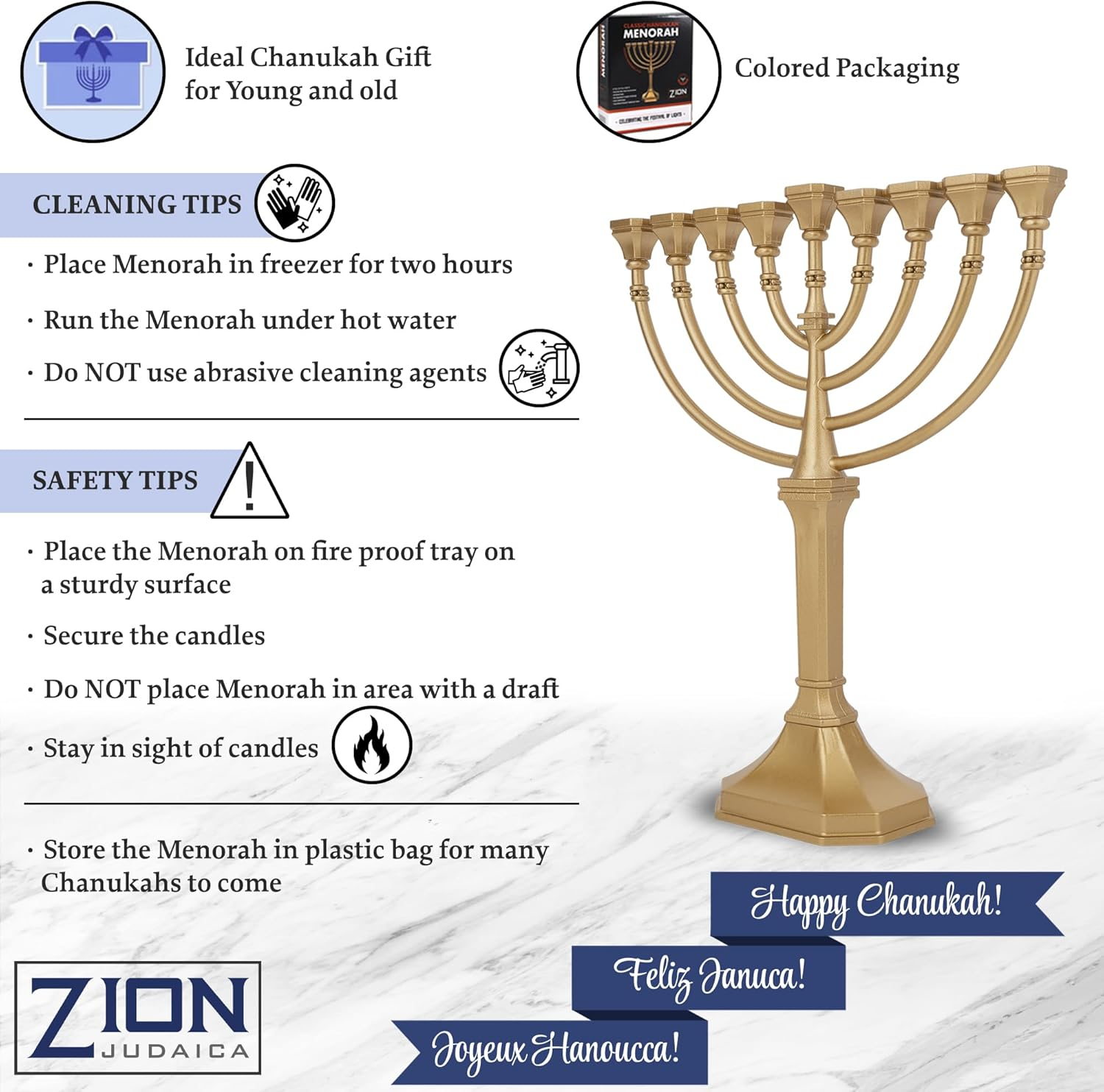 Value Complete Menorah Kit - Traditional Grace Hanukkah Candle Menorah with 44 Chanukah Candles, 4 Dreidels. Chanukkah Handbook Guide a Sack of Chocolate Gelt (Satin Gold) image number 5