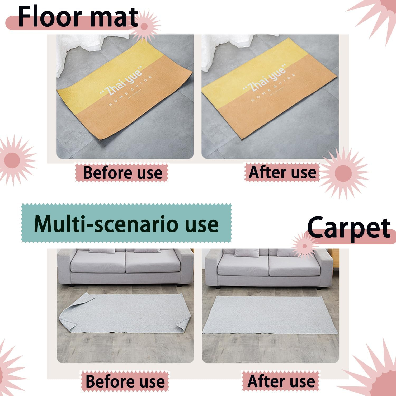 Roczential 10-Pack Rug Gripper Tape Double Sided Anti-Slip Carpet Tape Washable Reusable Rug Pad for Hardwood & Tile Floors Secure Floor Mats & Carpets Home D&eacute;cor Essential (Gray) image number 2