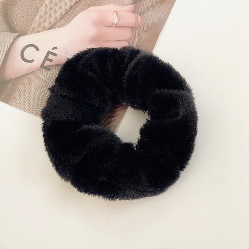 Pack of 12 Scrunchies Hair Bobbles Fluffy Elastic Plush Hair Bands Hair Accessories Faux Fur Hairband Ponytail Hair Accessories for Women Girls - Black image number 1