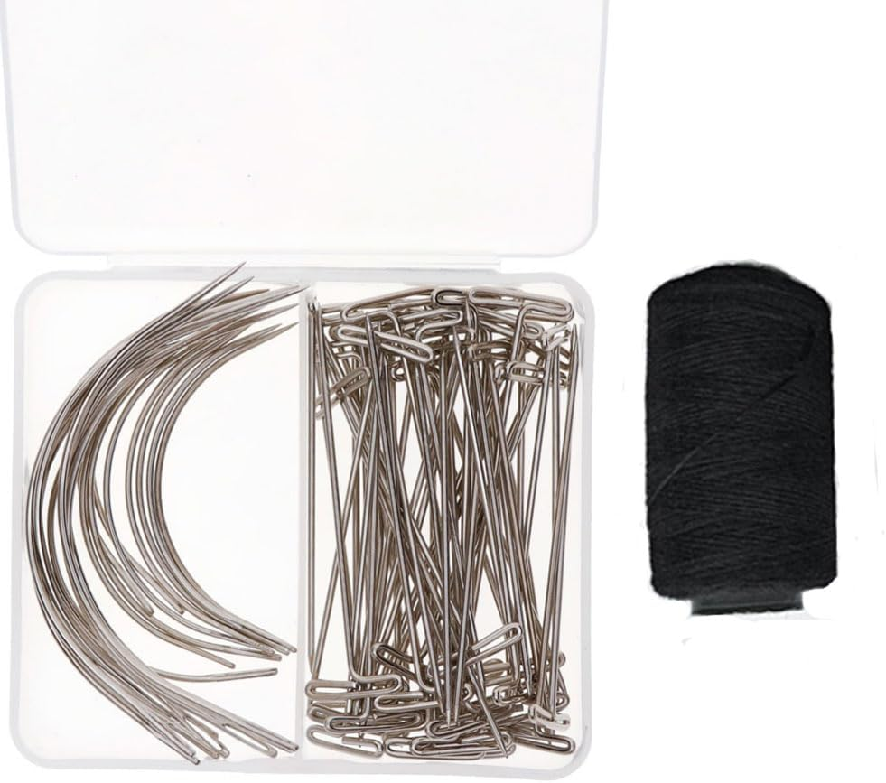 1Set Weaving Thread Polyester Sewing with 50PCS Wig T Pins,20Pcs 63Mm+76Mm C Type Needles Curved Hair Needles Black Sewing Cord image number 4