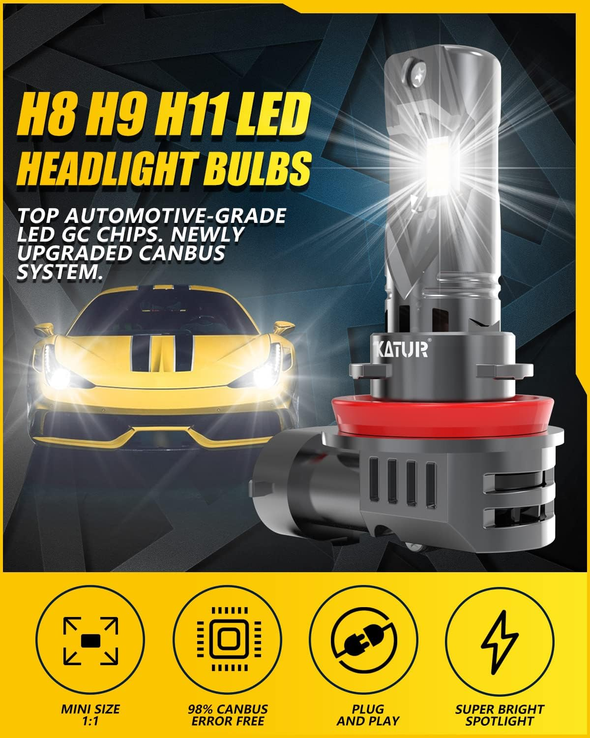 KATUR H11 LED Headlight Bulbs, 400% Brightness 20000LM 6000K Xenon White 1:1 Mini Size All-In-One Conversion Kit Non-Polarity No Adapter Required Plug and Play H9 H8 LED Fog Light Bulb, Pack of 2 image number 1