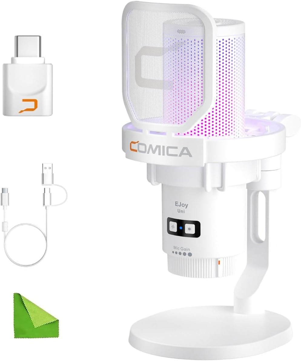 Comica Ejoy Uni a USB Microphone for Computer and Smartphone,Rgb Cardioid Condenser Gaming Mic for Podcasting,Streaming,Recording,Music Creation,With Boom Arm Stand-White