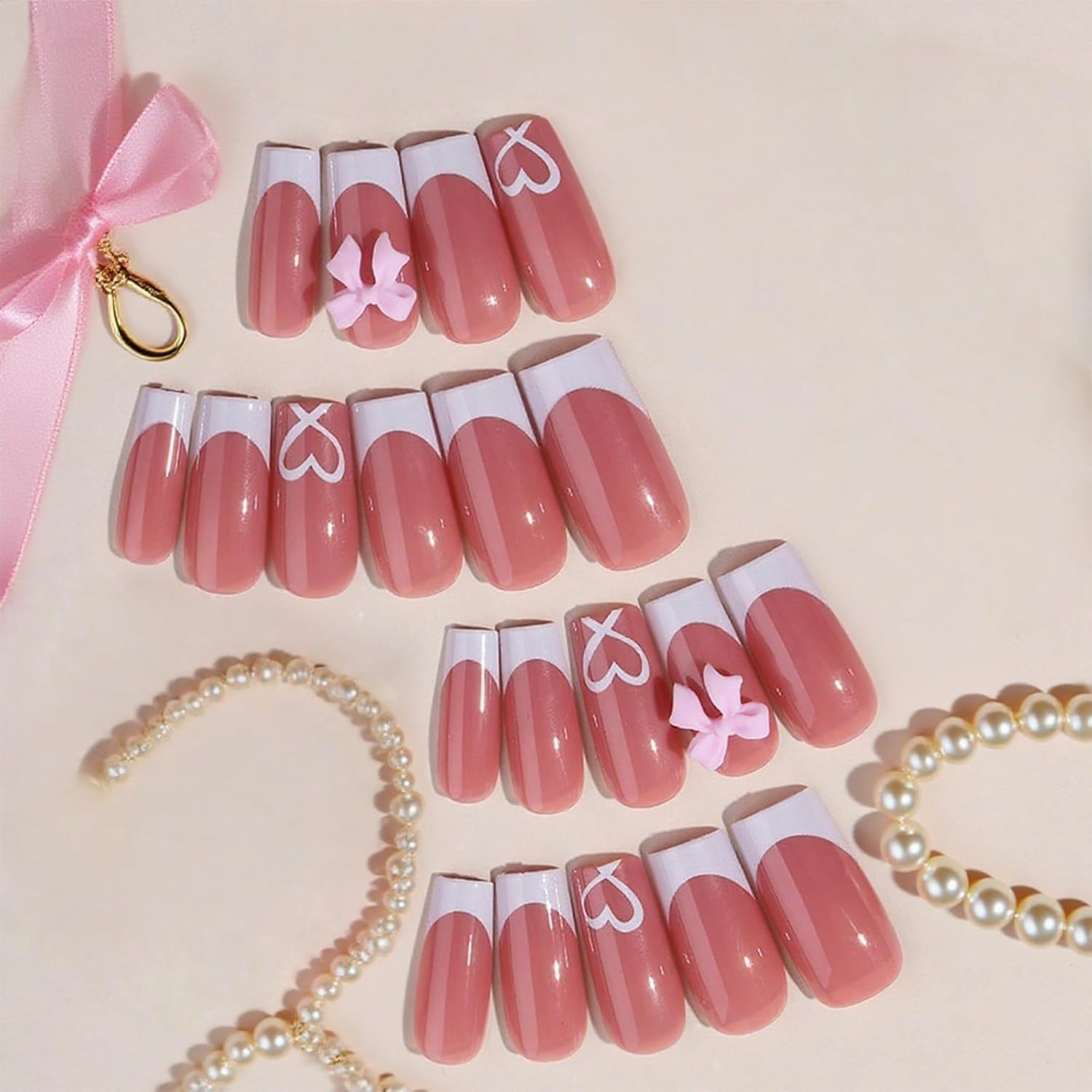 French Tip False Nails, Acrylic Full Cover Fake Press on Nails for Women Girls, Square Long Nude Color Stick on Nail Art Manicure Decorations (#1)