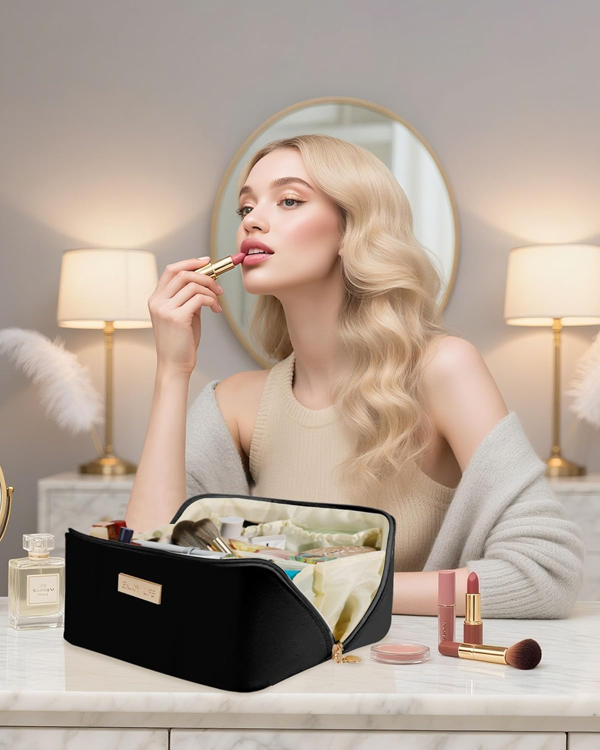 BEENLOVE Women'S Toiletry Bag Cosmetic Bag Makeup Bag Travel Makeup Bag, Aa-Black, 24,13 &times; 12,7 &times; 12,7 Cm, Superior and Distinctive - Aa-Black image number 2