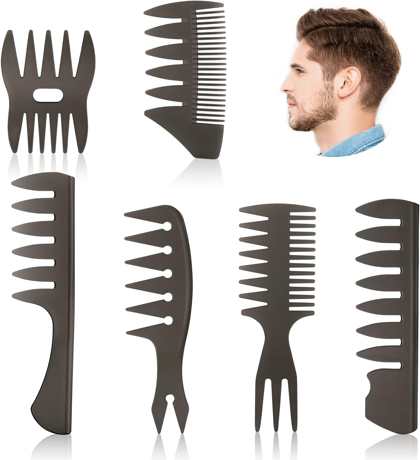 Mens Styling Comb, 6Pcs Wide Tooth Hair Comb Styling Set, Anti-Static Hairdressing Comb Curl Wet Comb for Men Ladies Hair Hairstyle (Black, One Size) image number 4