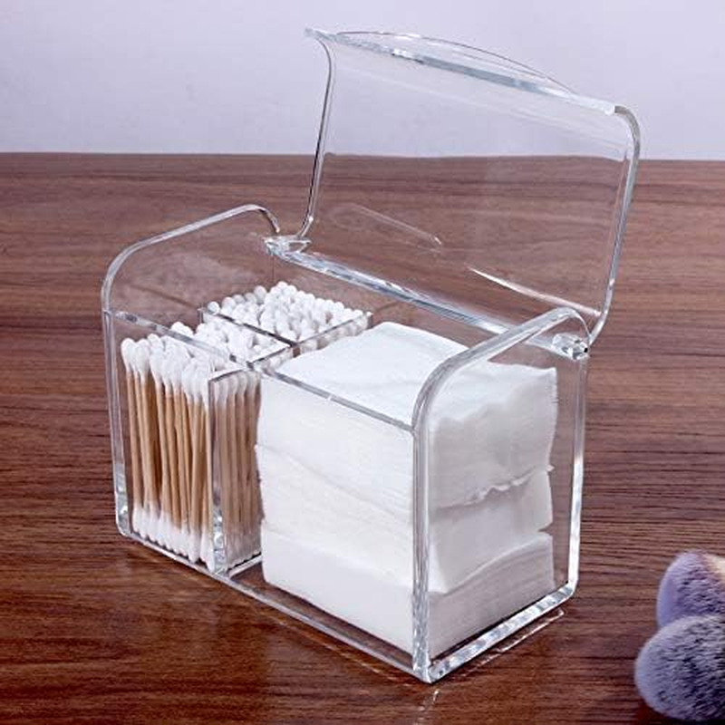 3 Partitions Cotton Ball and Swab Holder Organizer with Lid Clear Acrylic Cotton Pad Container for Cotton Swabs Q-Tips Make up Pads Cosmetics and More (Clear)