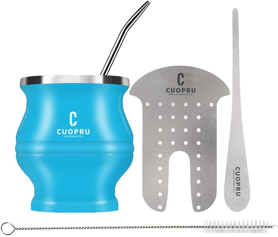 Cuopru Yerba Mate Cup Bombilla - Mate Gourd Set Includes Double Walled Stainless Steel Tea Cup, Tea Shaper Set, Bombilla Straws, Cleaning Brush