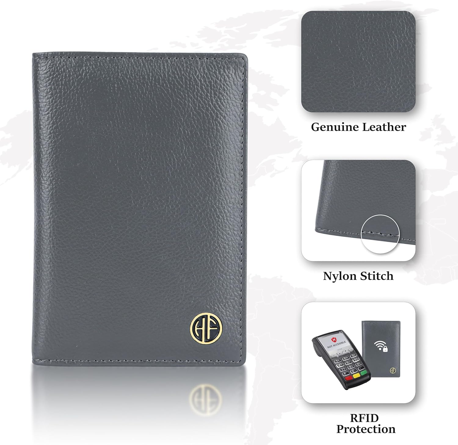 HAMMONDS FLYCATCHER Leather Unisex Passport Holder, Graphite Grey, Minimalist - Croc Blue image number 5