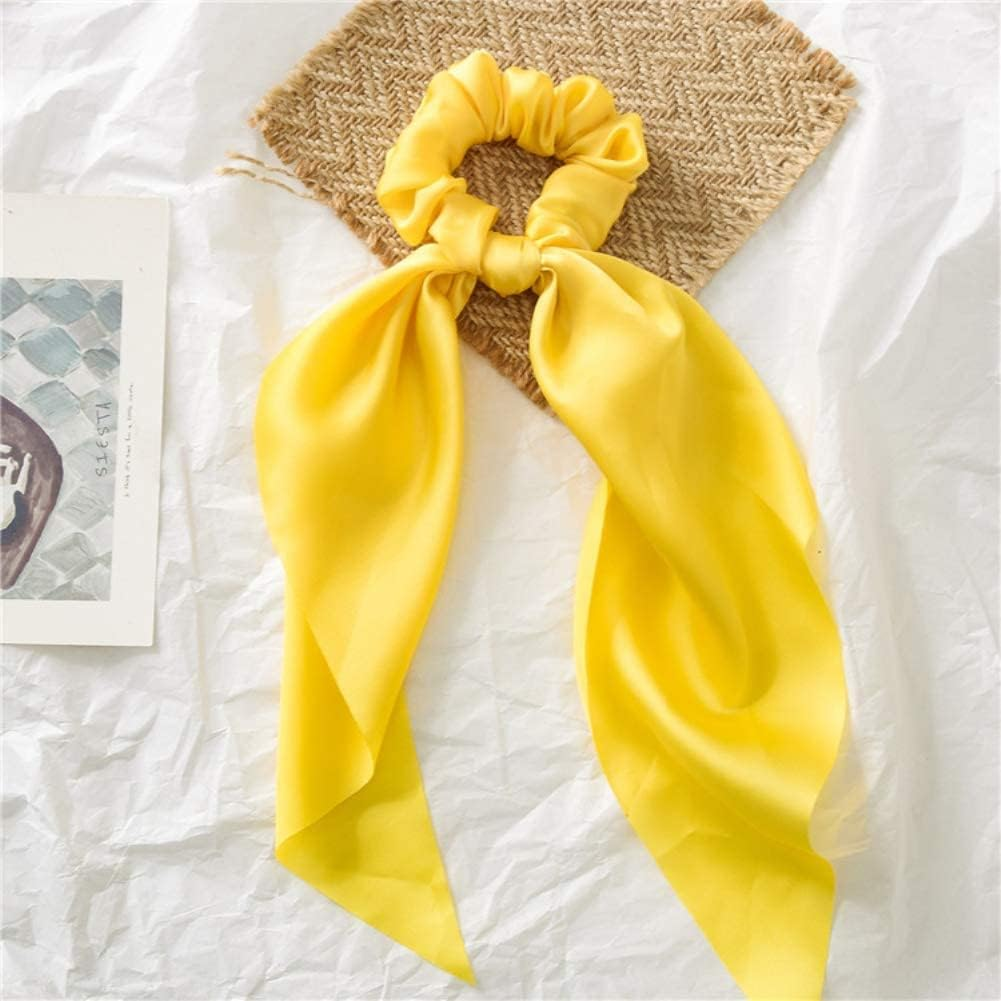 Yellow Women Girl Bow Satin Ribbon Ponytail Scarf Hair Tie Rope Scrunchies Elastic Band Hair Scrunchies Bands Hair Elastics and Ties Hair Accessories image number 4