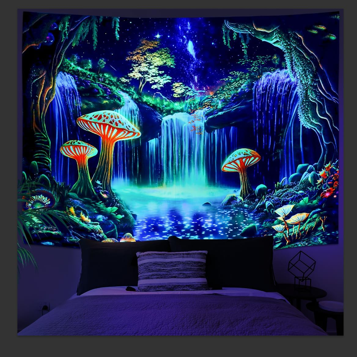 Ameyahud Blacklight Fantasy Forest Tapestry UV Reactive Waterfall Tapestry Trippy Starry Sky Tapestry Neon Nature Plant Tapestry Wall Hanging Decor for Home image number 5