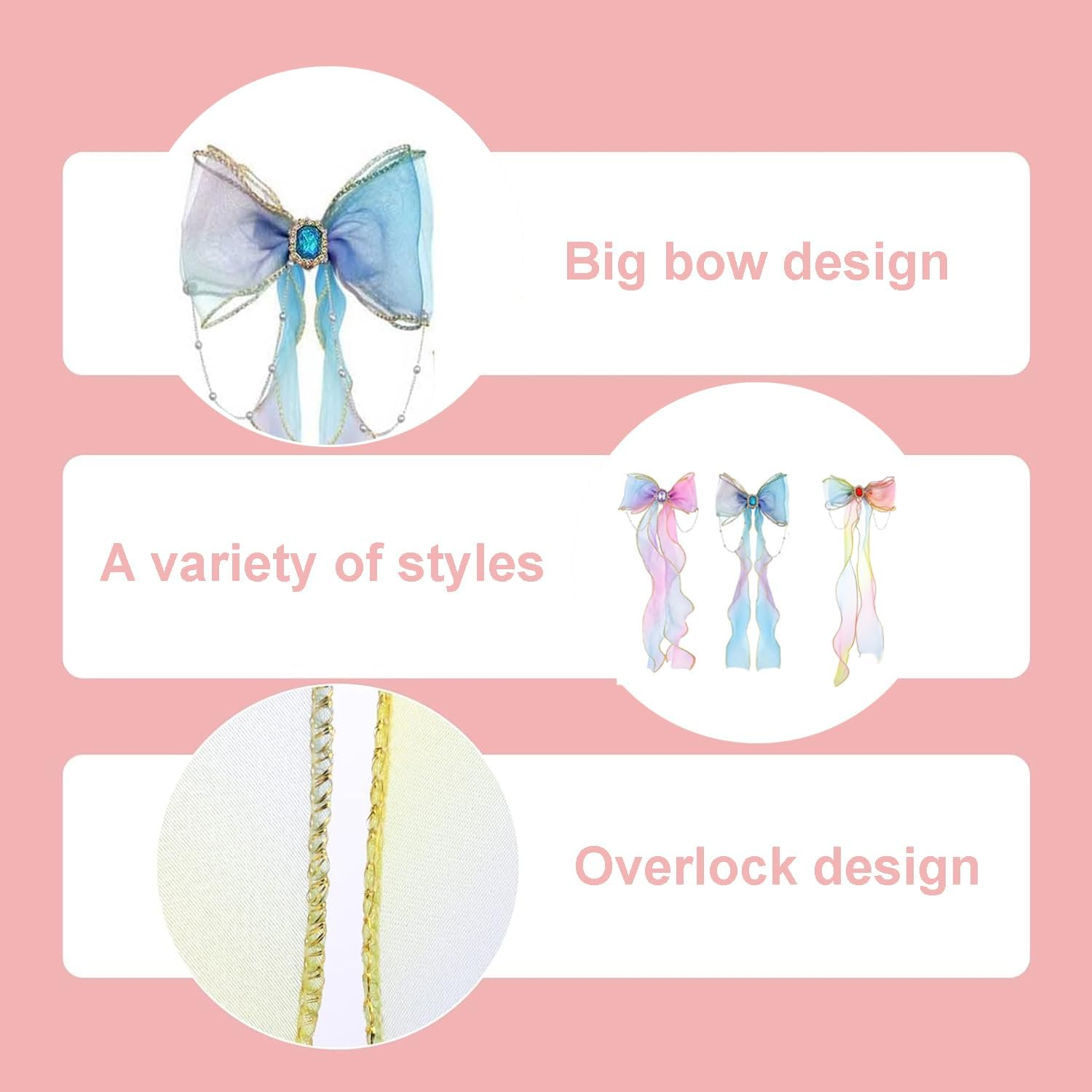 Pack of 3 Butterfly Colourful Ribbon Clips, Pearl Chain Bow Hair Clips, Women'S Tassel Bow Hair Clips, Girls Hair Accessories, Princess Hair Clip Decoration (Gradient Colour) image number 3