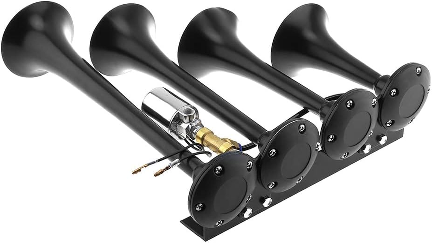 12V / 24V Truck Train Air Horn, 185Db Super Loud Four Trumpet Air Horn for Car Vehicle Truck Train Boat image number 1