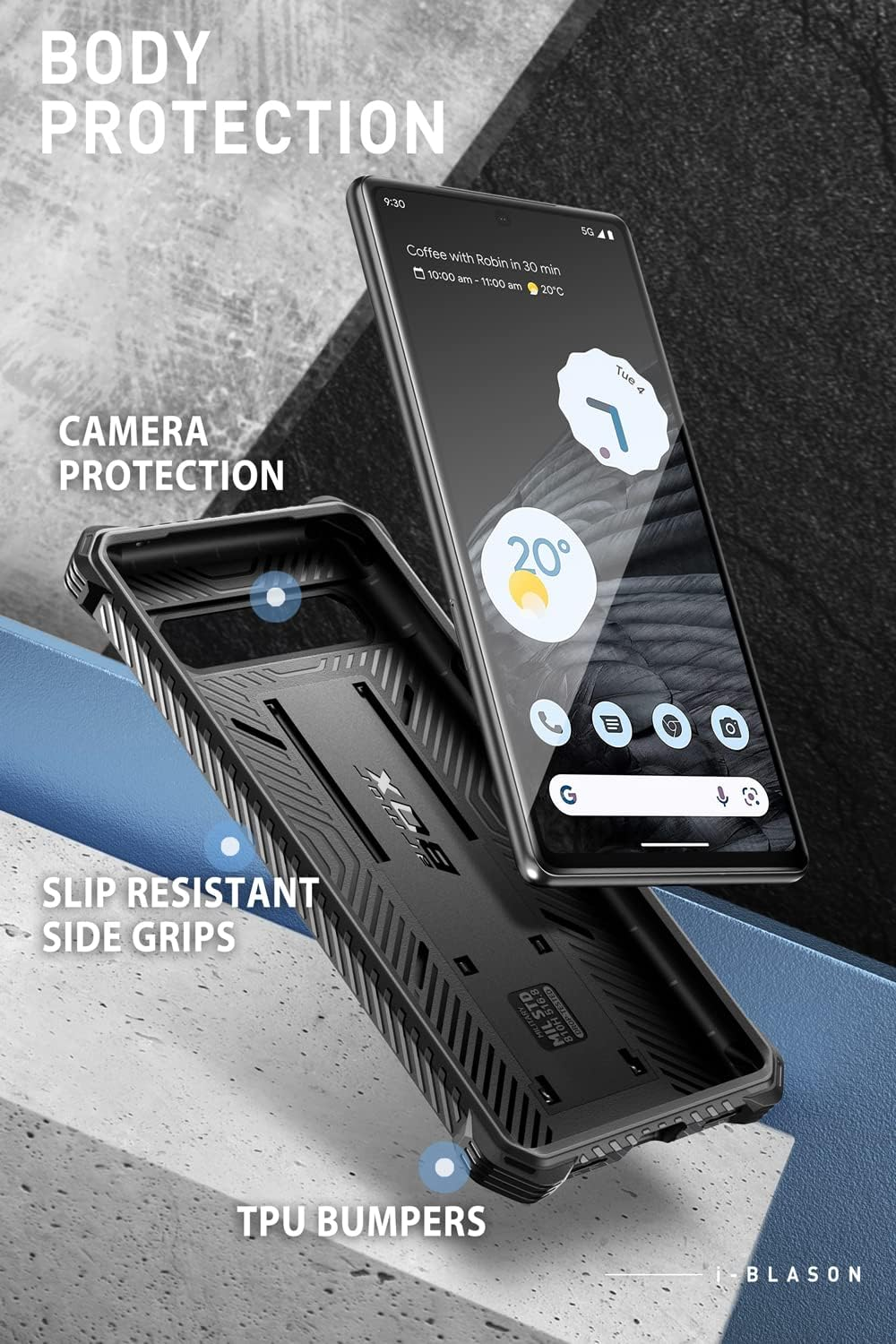 I-Blason Armorbox Lite Series for Google Pixel 7A Case (2023 Release), [2Pcs Tempered Glass Screen Protectors] Slim Protective Bumper Case with Built-In Kickstand (Black) image number 1