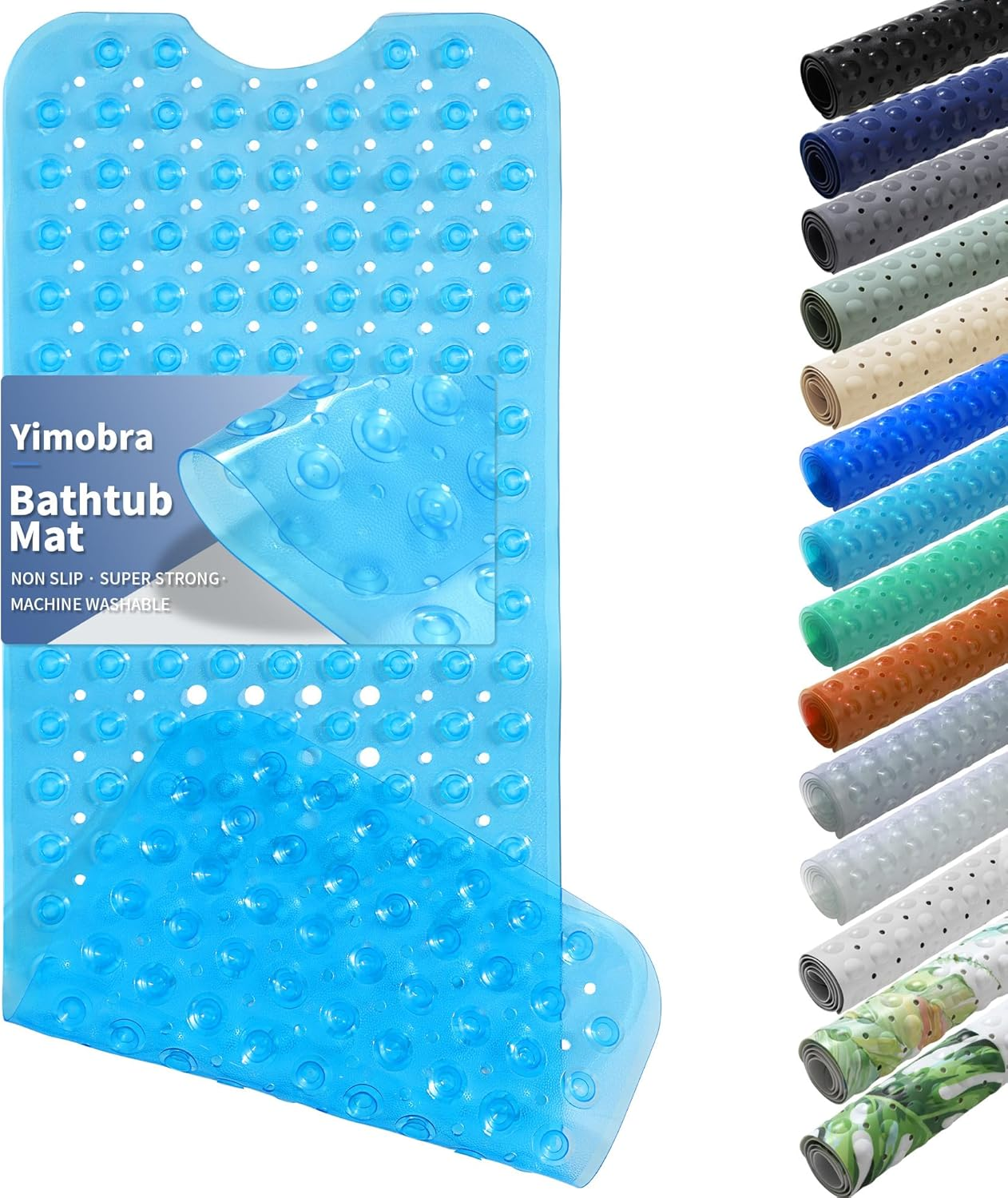 Yimobra Non Slip Bathtub Mat 40 X 16 Inch, Extra Long Shower Mat with Drain Holes, Machine Washable Baby Bath Mats, Strong Suction Cups for Bathroom Floor, Clear Green