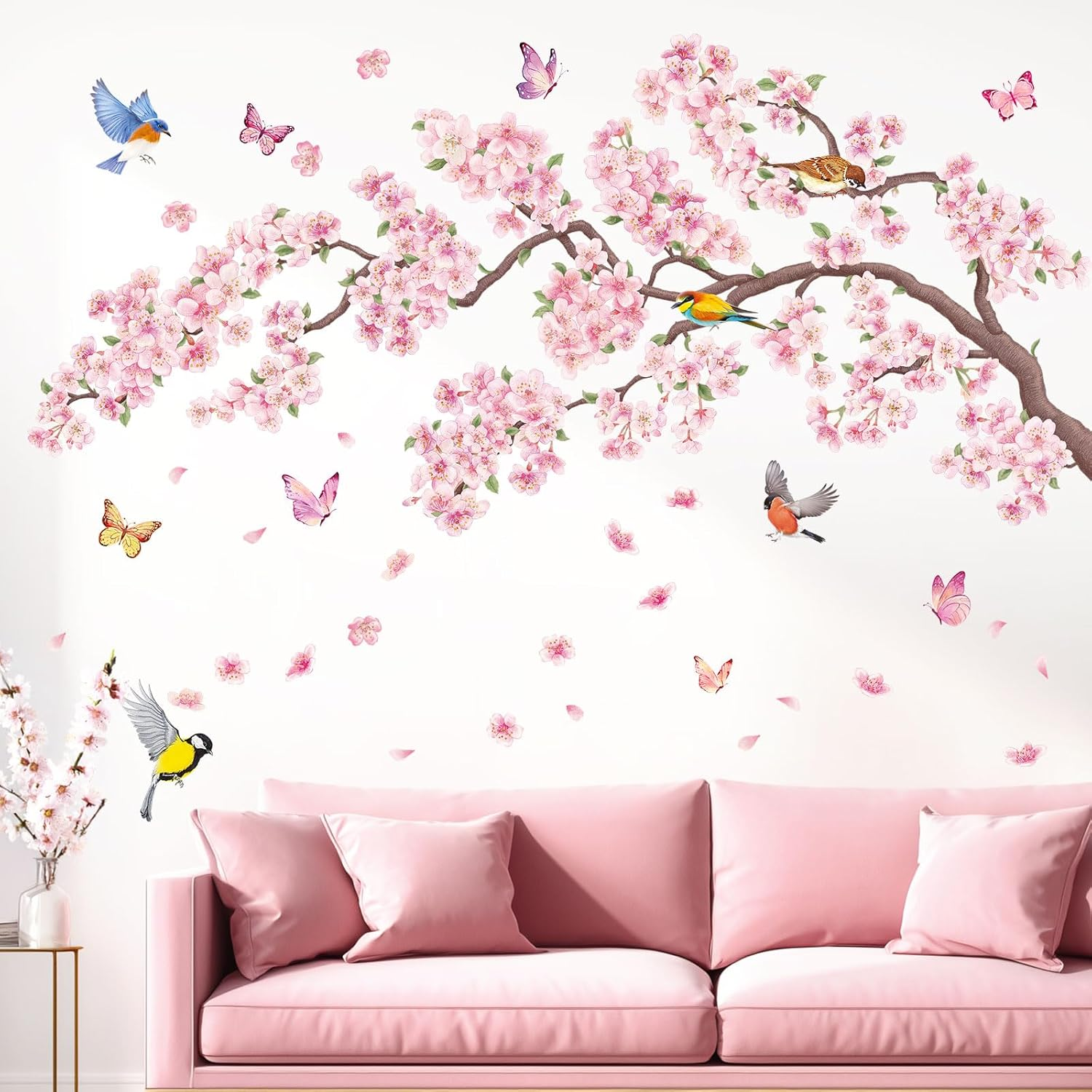 DECOWALL SG2-2427 Pink Flowers and Bird Wall Stickers Cherry Blossom Tree Branch Decals Bedroom Living Room Sofa TV Background Wall D&eacute;cor Murals image number 4