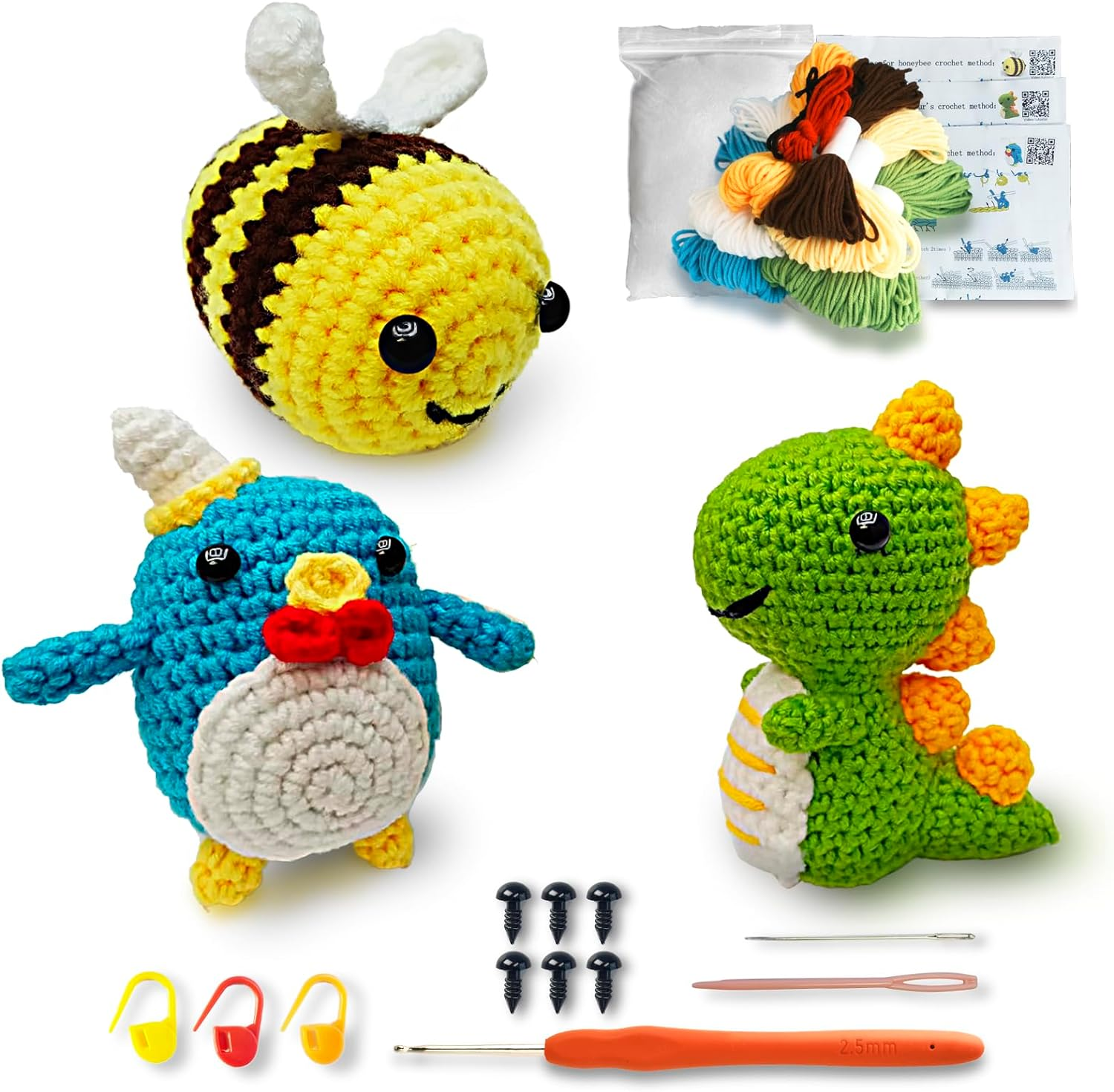 Crochet Kit for Beginners, Amigurumi Crocheting Animals Kits with Step-By-Step Video Tutorials- Penguin, Dinosaur or Bee, Knitting Starter Pack for Adults and Kids image number 1