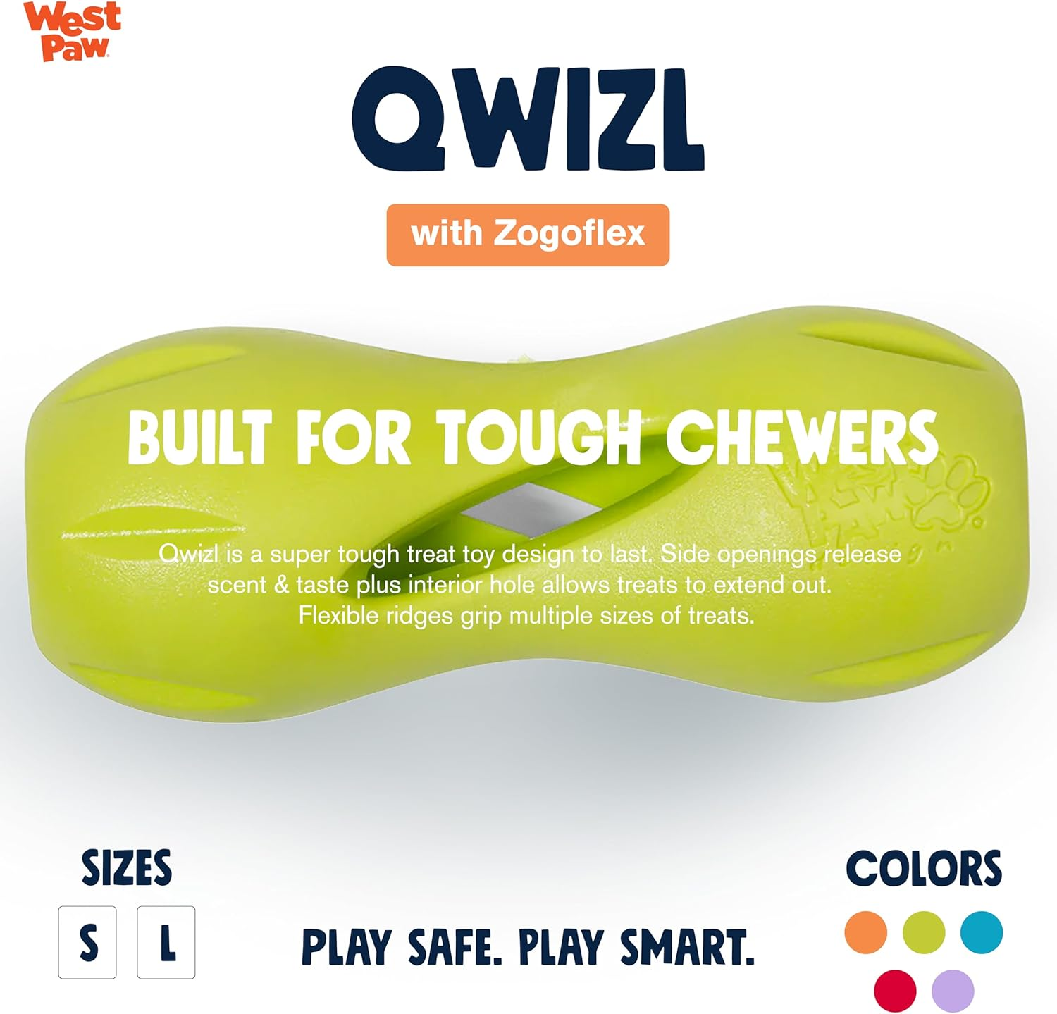 West Paw Zogoflex Qwizl Dog Puzzle Treat Toy &ndash; Interactive Chew Toy for Dogs &ndash; Dispenses Pet Treats &ndash; Brightly-Colored Dog Enrichment Toy for Aggressive Chewers, Fetch, Catch, Small 5.5", Granny Smith image number 2