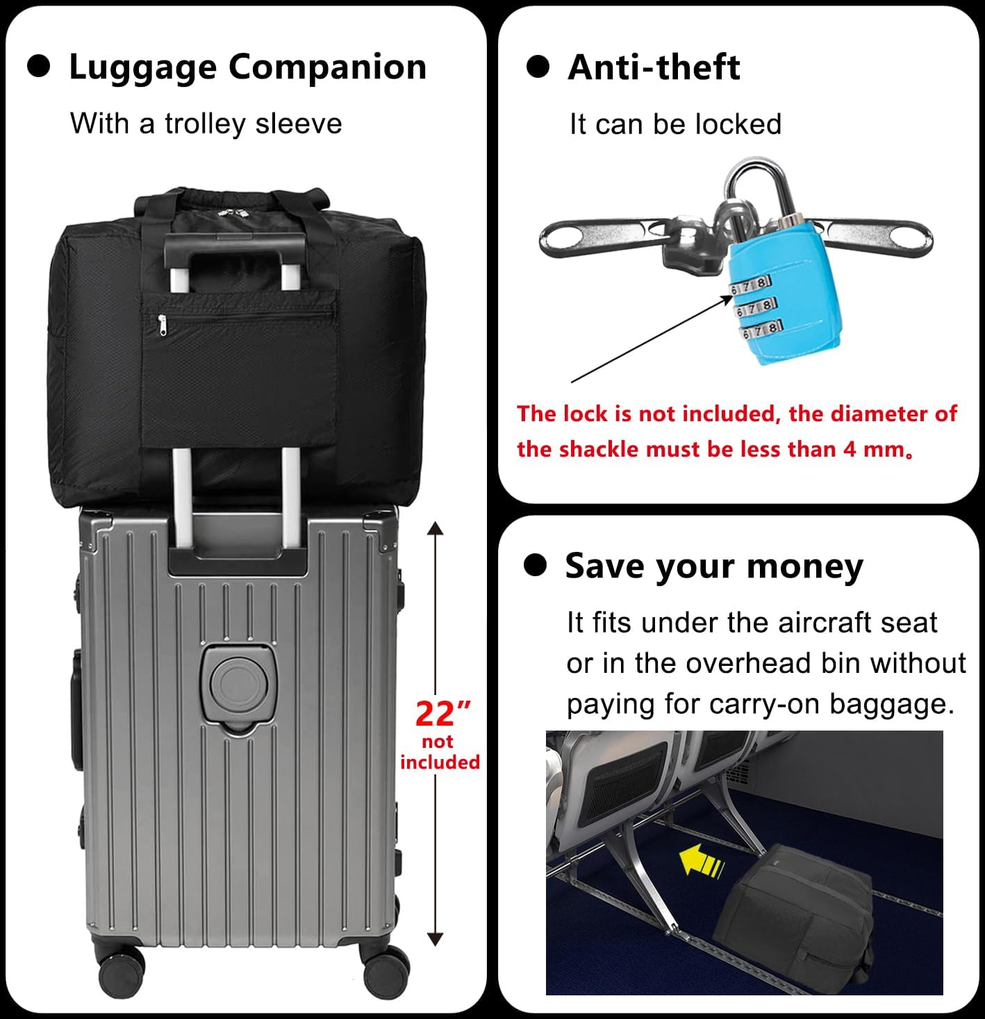 Vimapo Packable Travel Duffle Bag 18X14X8, 40L Travel Bag Lightweight Bag Carry on Luggage for Boarding Airline Underseat Weekender Overnight, Black, Sport, Travel - Blue image number 5