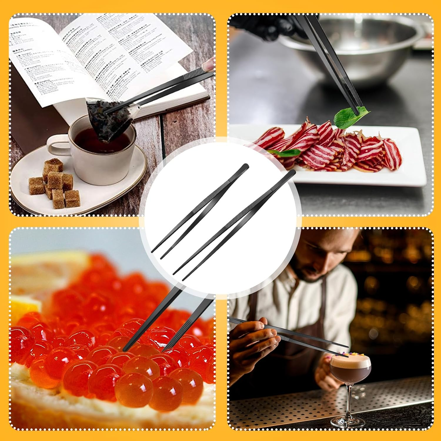 Flutesan 4 Pieces Black Kitchen Fine Tweezer Tongs 10 Inch 12 Inch Stainless Steel Tweezers Tongs with round Serrated Tips Culinary Fine Straight Tweezers Forceps for Cooking Repairing Feeding BBQ image number 2