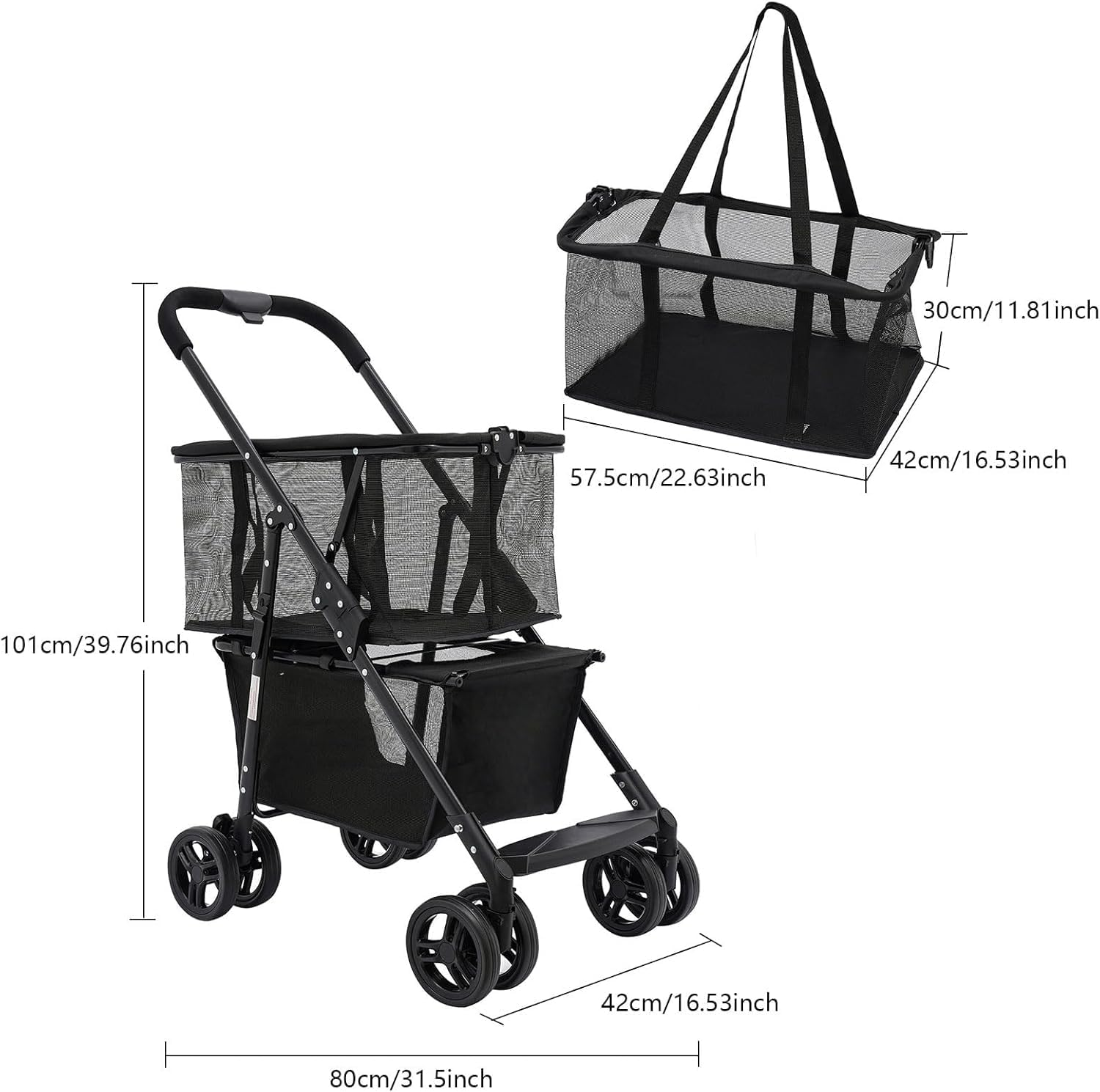 Folding Shopping Cart, Newly Upgraded 80 Lbs Foldable Grocery Cart, Portable Multifunctional Cart with Removable Tote Bag, Large Storage Space, with 360&deg; Wheels and One-Step Parking Brake, Black image number 1