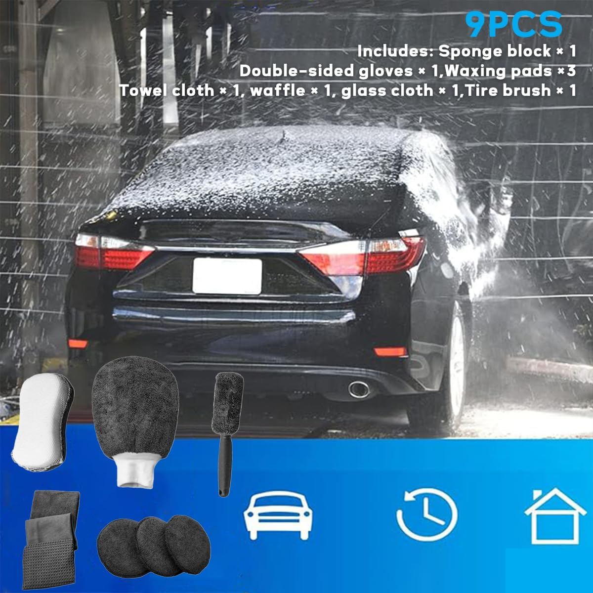AIMALL 9PCS Microfibre Car Cleaning Kit with Wash Mitt, Wheel Brush, Waxing Sponge, Drying Towels and Polishing Cloths for Interior Exterior Auto Detailing image number 6
