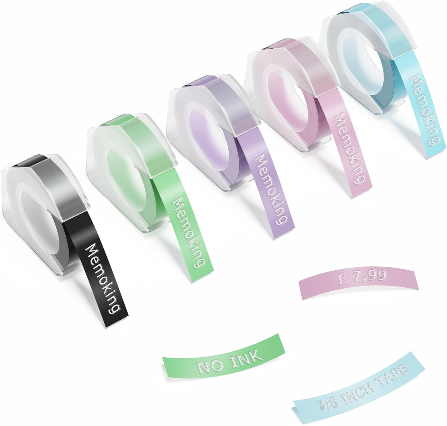 Memoking Embossing Label Tape 3/8"(9Mm) X 3M, 3D Embossing Labels Compatible with Dymo Omega, QANYEGN, Phomemo E975 Embossing Label Maker, 3D Plastic Labels, Black/Green/Purple/Pink/Blue, 5 Pack image number 4