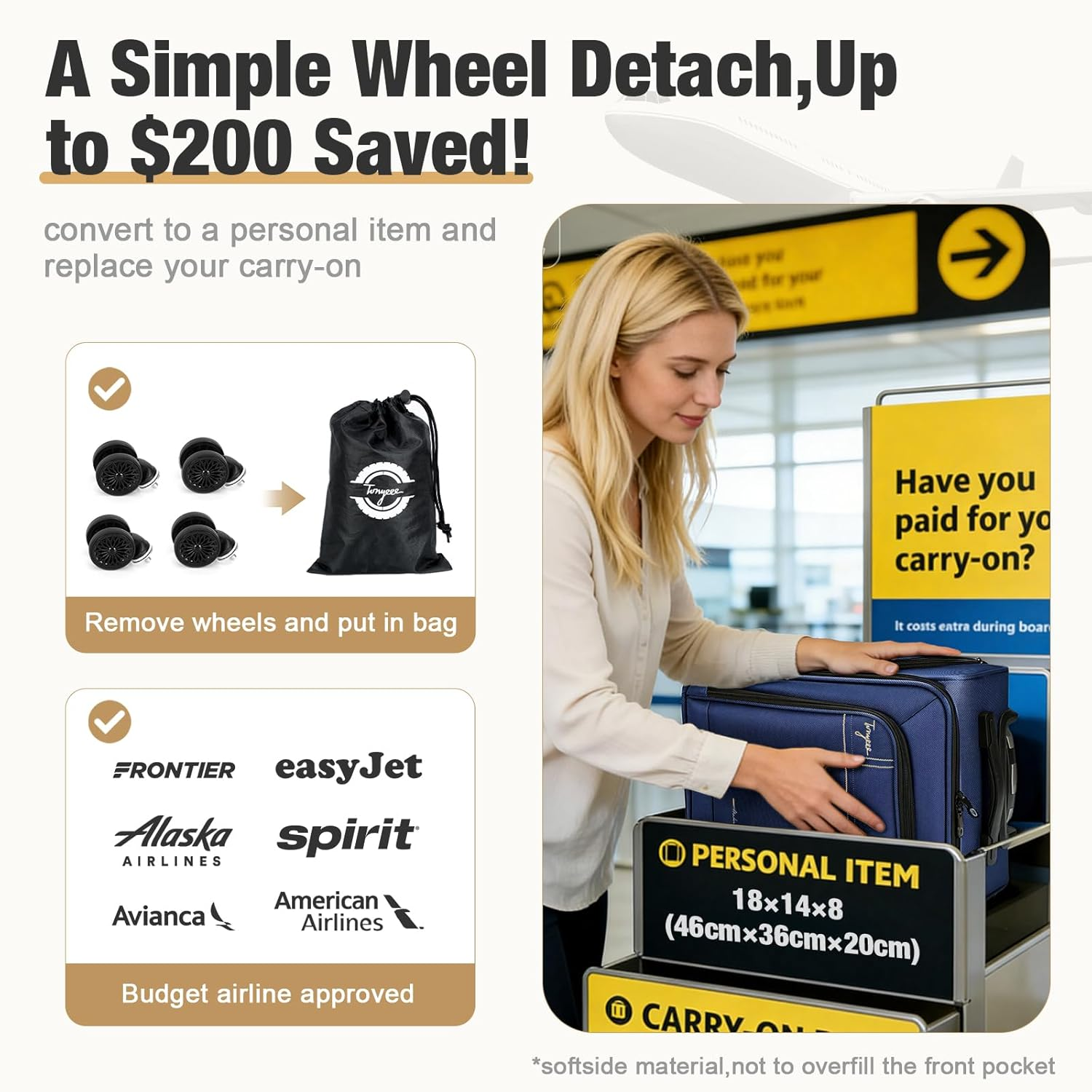 Tonyeee 17 Inch Underseat Carry on Luggage with Removable Wheels, Blue, 17 Inch_Underseat, Underseat Carry on Luggage with Removable Wheels image number 3