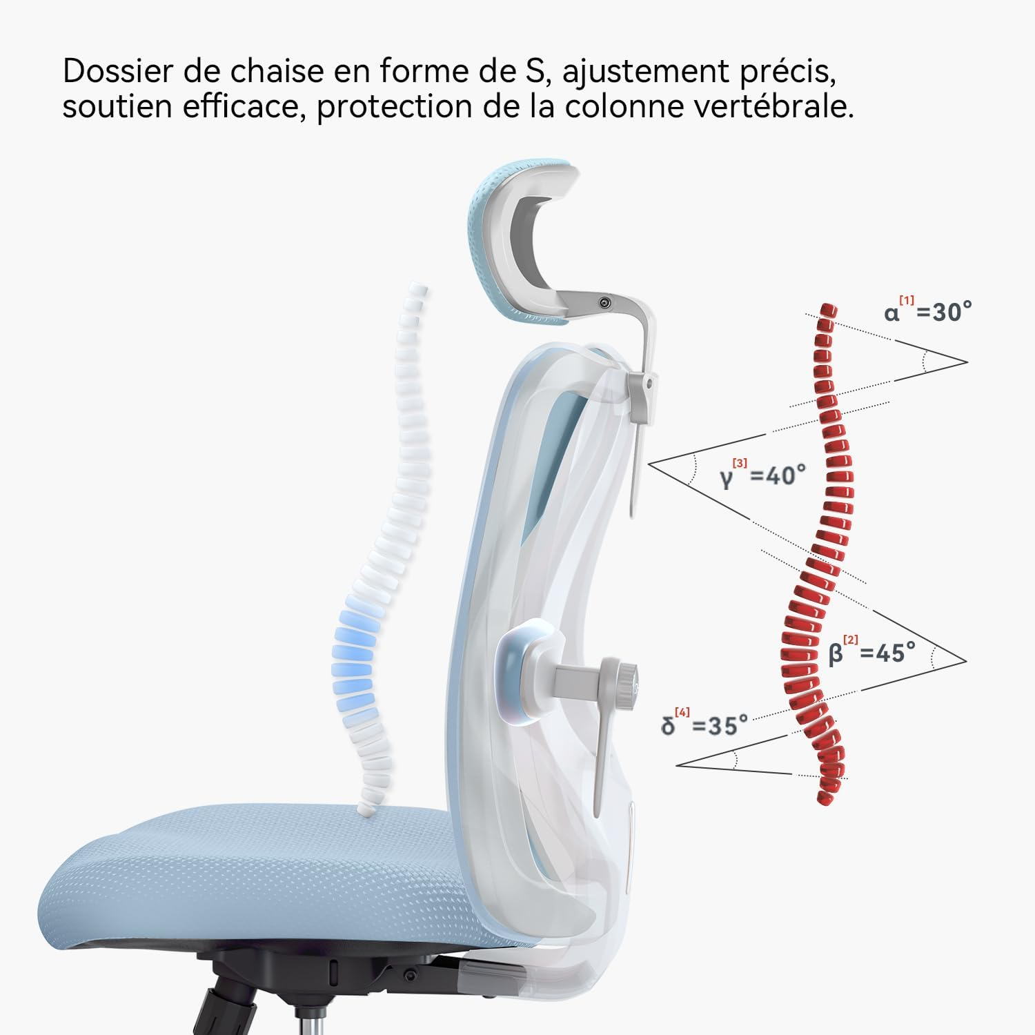 SIHOO M18 Ergonomic Office Chair, Computer Desk Chair with Adjustable Headrest and Lumbar Support, High Back Executive Swivel Chair for Home Office (Light Blue) - Light Blue image number 5