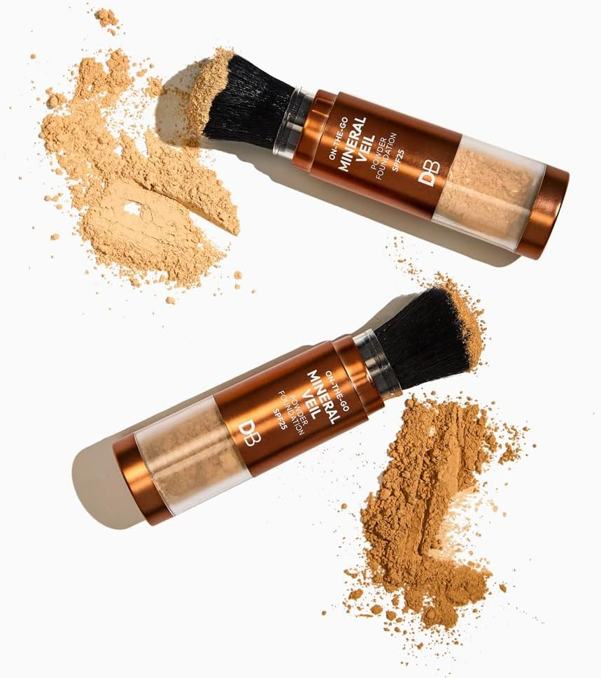 DB Cosmetics Mineral Veil Loose Powder on the Go - Buildable Tinted Face Setting Powder with Brush SPF 25 - for Sun Protection and Shine Control. Fair-Light Shade