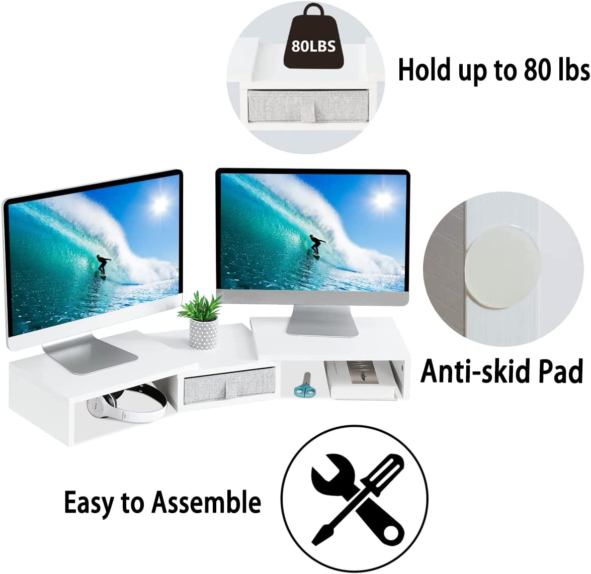 TEAMIX White Dual Monitor Stand Riser with Drawer - Length and Angle Adjustable Double Monitor Riser Corner Desk Shelf Organizer 37 Inch Long Monitor Riser for 2 Monitors/Laptop/Pc/Screen/Tv - White image number 5