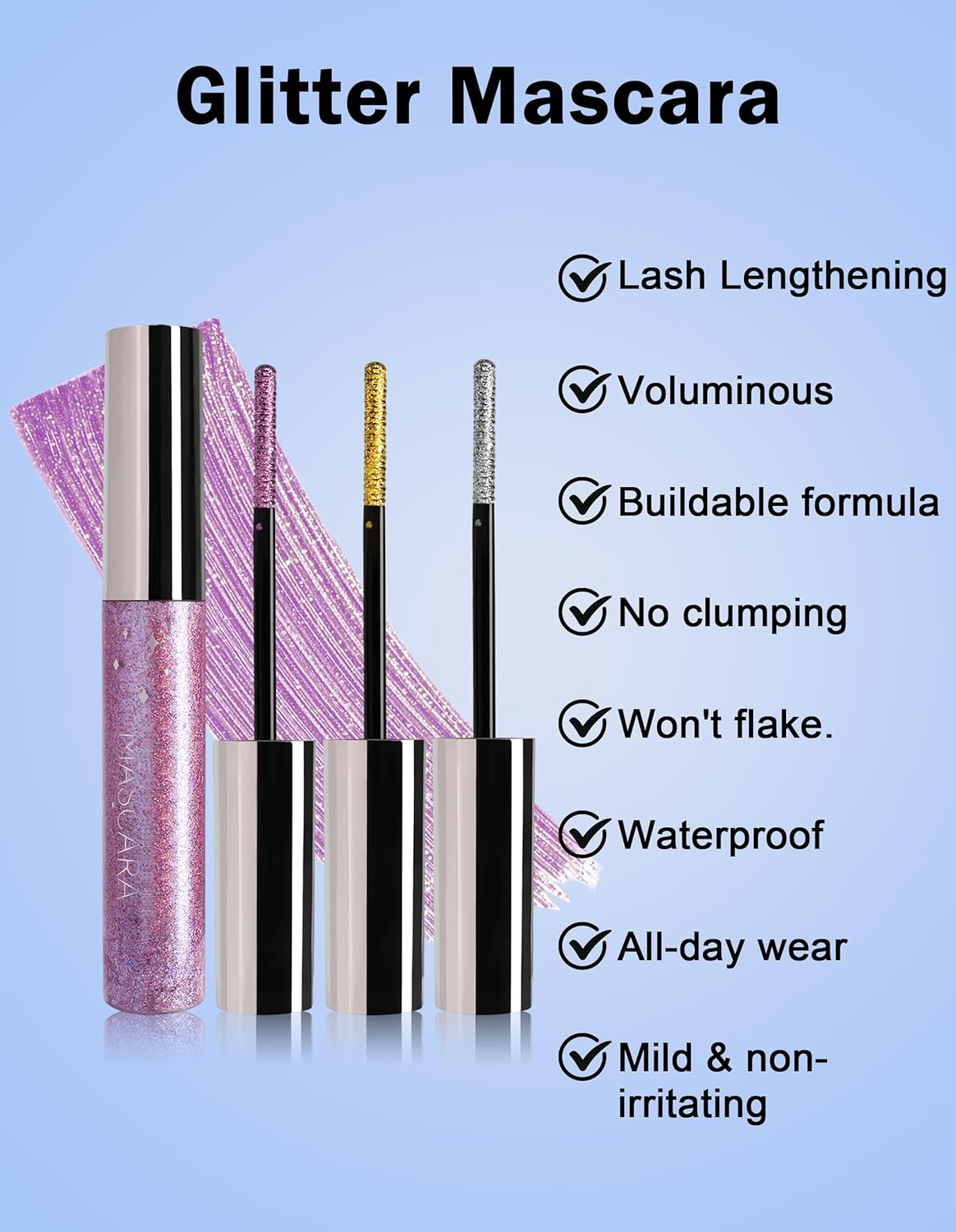 Erinde Glitter Sparkle Mascara, Gold Shimmer Lash Mascara for Lengthening & Defining Lashes, Lightweight Buildable Glitter Mascaras, Long Wearing Lash Makeup for Party Festival Daily Eye Look #02 image number 1