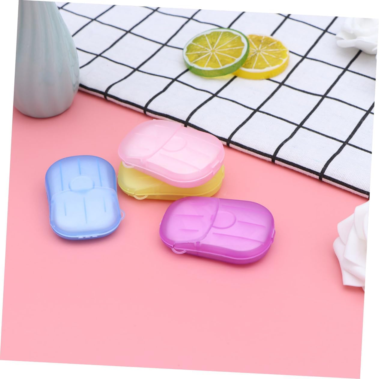 NAMOARLY 8Pcs Boxed Travel Soap Sheets Portable Hand Washing Tablets Paper Soap Flakes Safe for Face Hand Wash Compact Plastic Box for Outdoor Activities Color image number 2