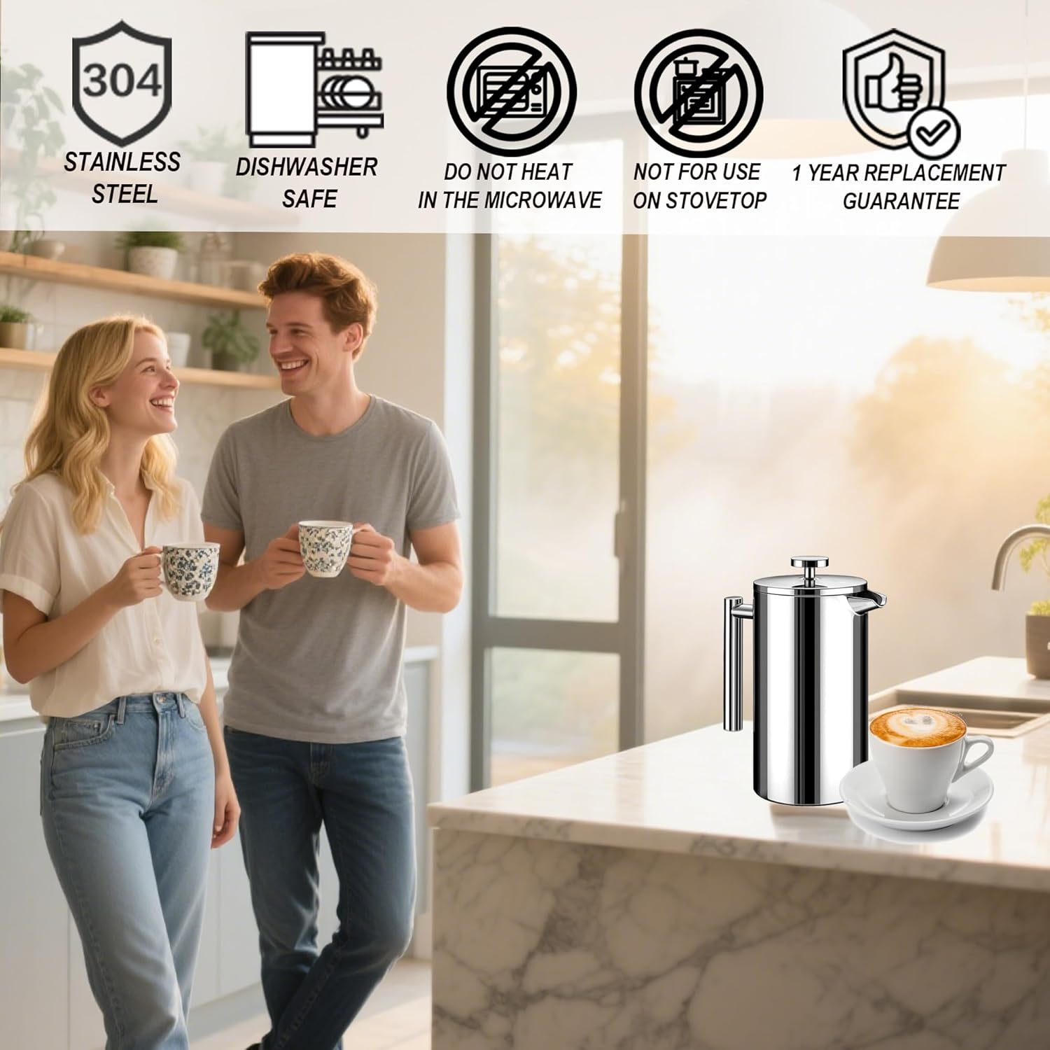 WORBIC French Press Coffee Maker, 34 Ounce Double-Wall Insulated Stainless Steel, 3 Level Filtration System with 3 Extra Filter Screens, French Press for Home, Camping and Office, Silver