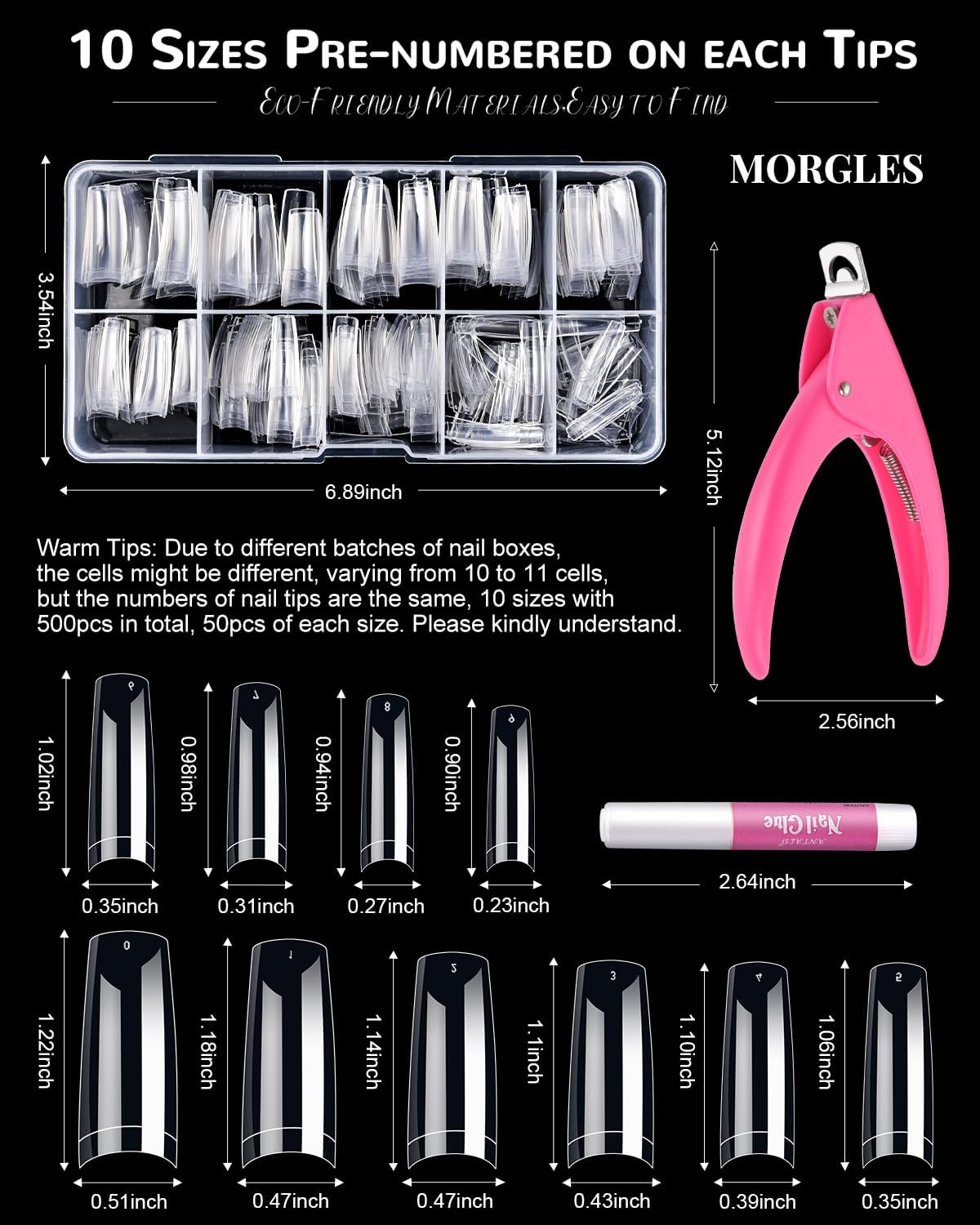 MORGLES 500PCS Clear Acrylic Nail Tips - French Half Cover Fake Nails with Glue, Nail File, Clipper, Cuticle Fork for Nail Art image number 1