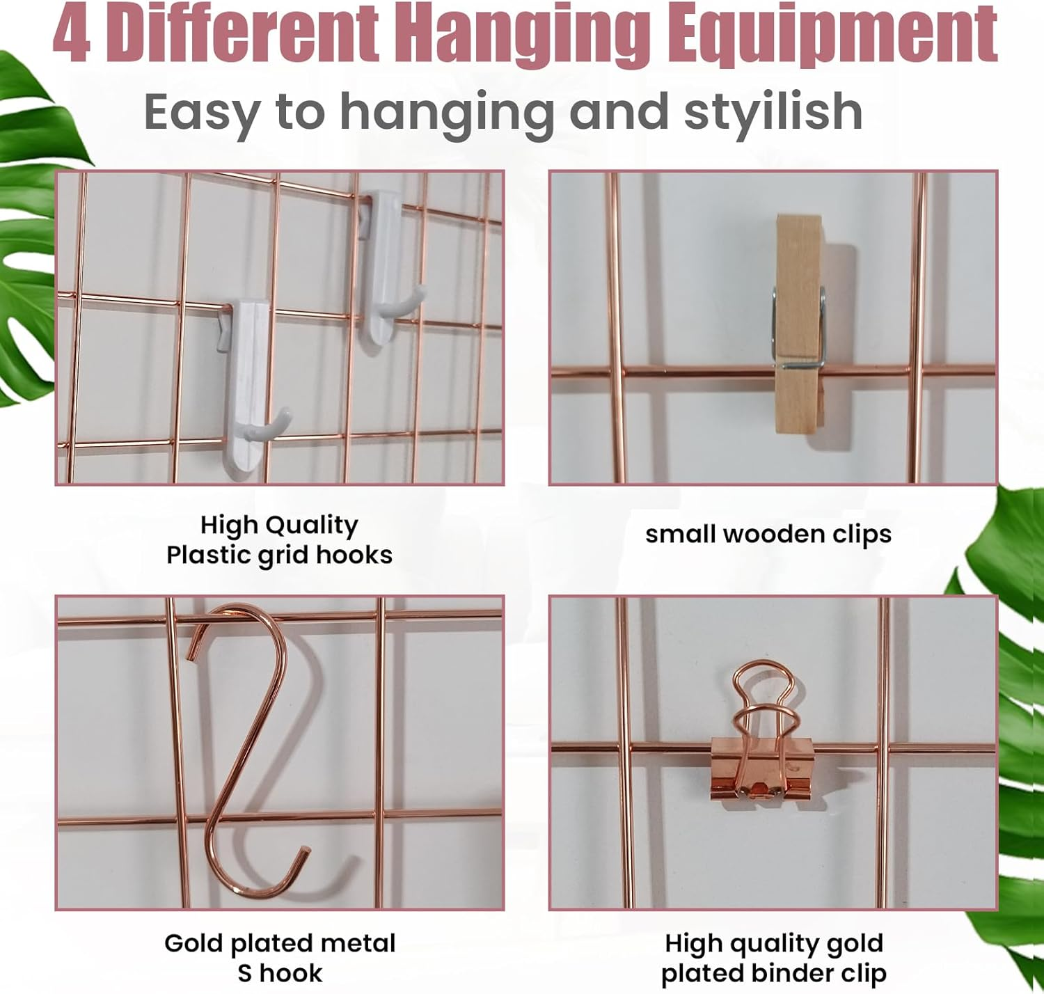 Metal Grid Wall Panel, Photo Display Organizer, 17.3"&times;11.8" Rose Gold Wire Board, Picture Frame, 4-Pack Mesh Memo Board with Clips and Hooks image number 6