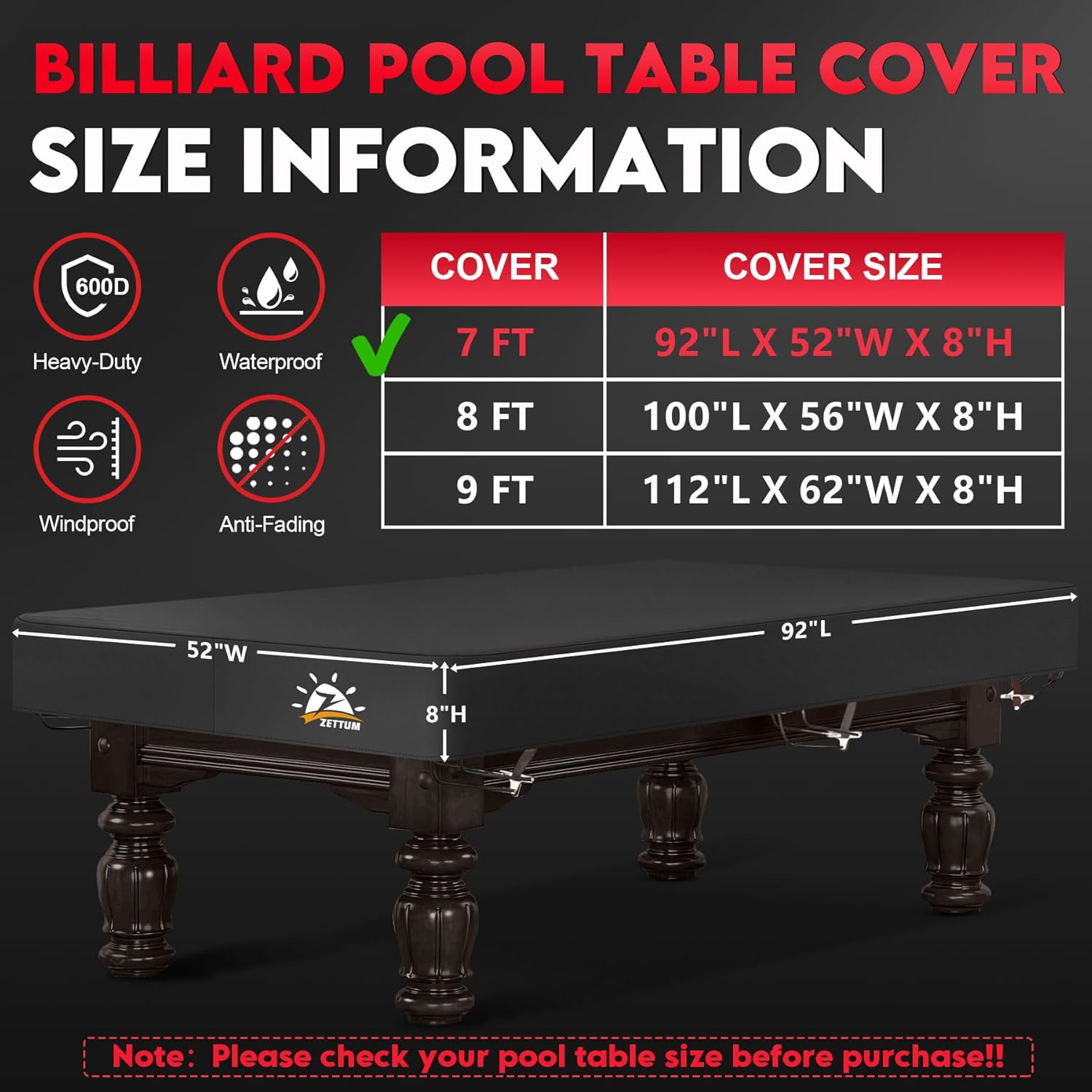 Zettum Pool Table Cover - 7 Feet Billiard Table Cover, 600D Waterproof & Heavy Duty Covers for Billiard Pool Table, Scratch-Proof UV Protection Snooker Furniture Table Cover - 7 Feet image number 1