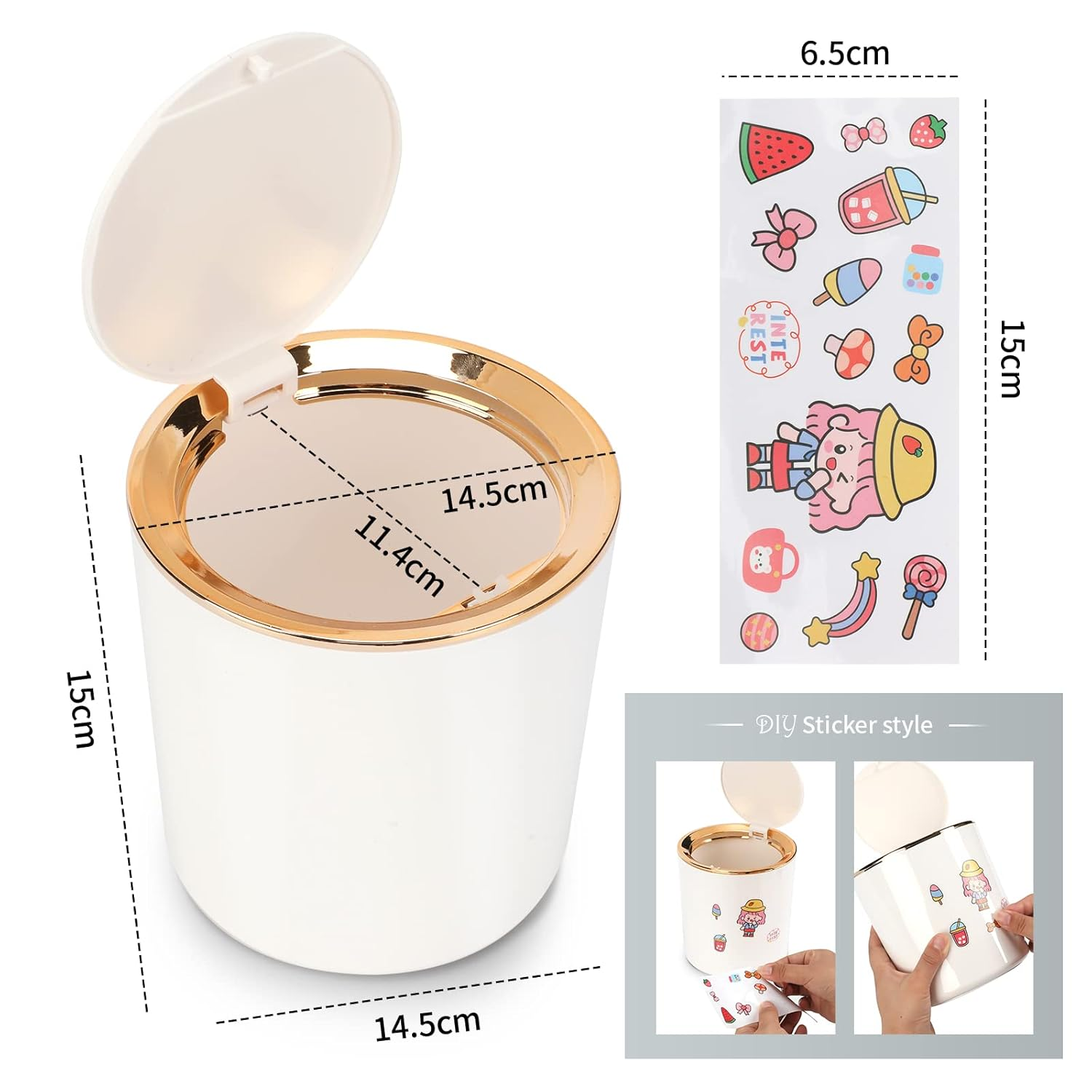 Small Trash Can Wastebasket with Lid round 2.6L Mini Desk Top Bin for Vanity Bathroom Bedroom Kitchen Office,Abs - Black image number 2