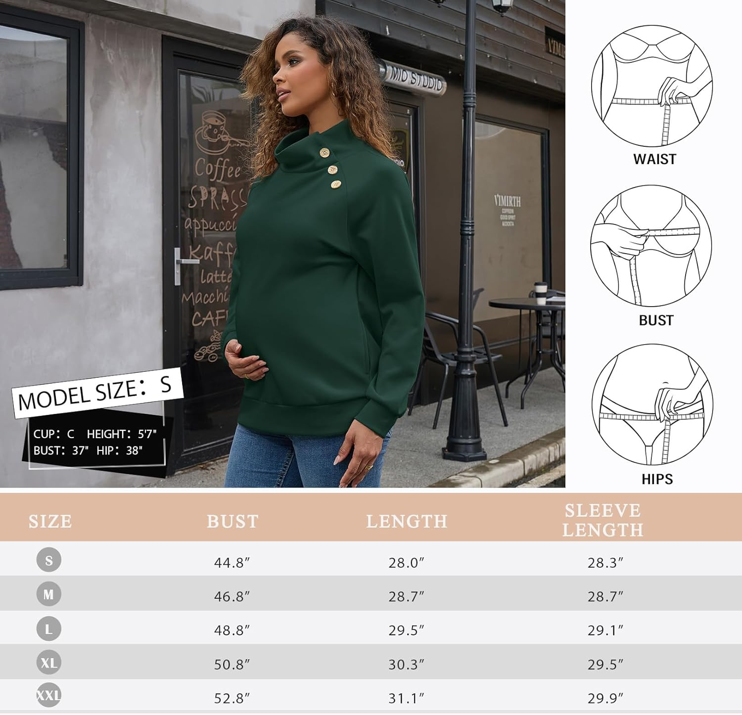 Maternity Turtleneck Sweatshirt for Women Buttons Pullover Shirts Long Sleeve Tops as Clothing with Side Pockets image number 2