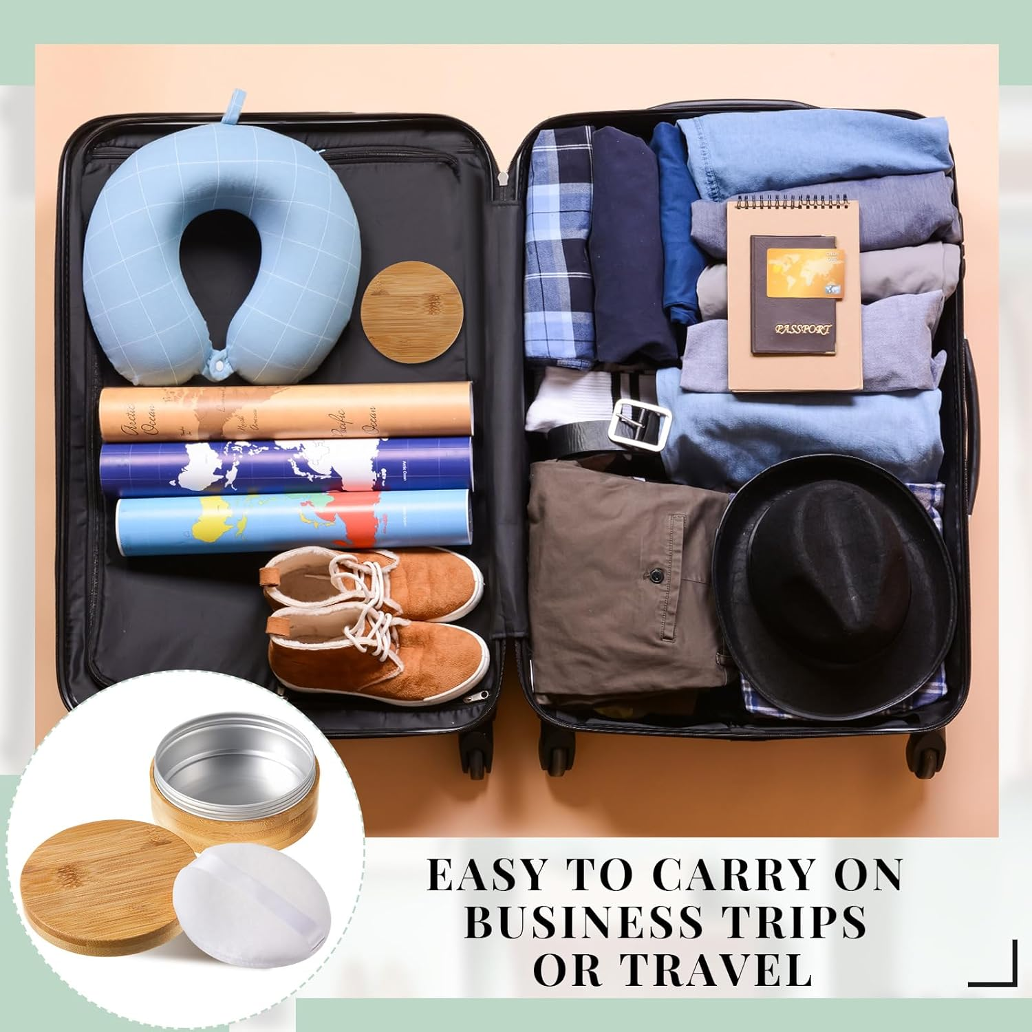 Frienda 300 Ml Bamboo Loose Powder Puff and Container Empty Dusting Powder Jar for Body Face Makeup Travel Box Compact Case Holder with Sifter Lids and Puff image number 2