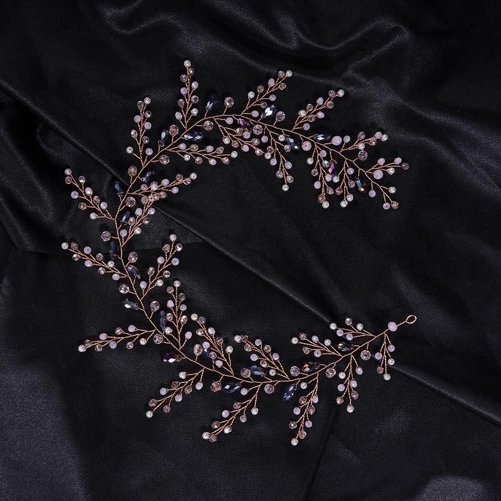 Teyglen Women Bride Wedding Rhinestones Crystals Long Headband Hair Vine Handmade Bridal Pink Rhinestone Pearls Beads Headband Wedding Hair Accessories for Brides Headpieces for Women Bride (Pink) image number 2